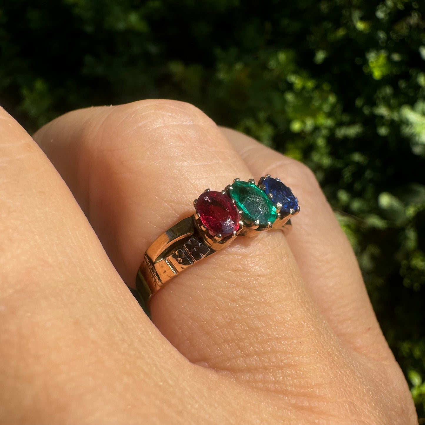 14K gold ring set with Ruby, Emerald & Sapphire