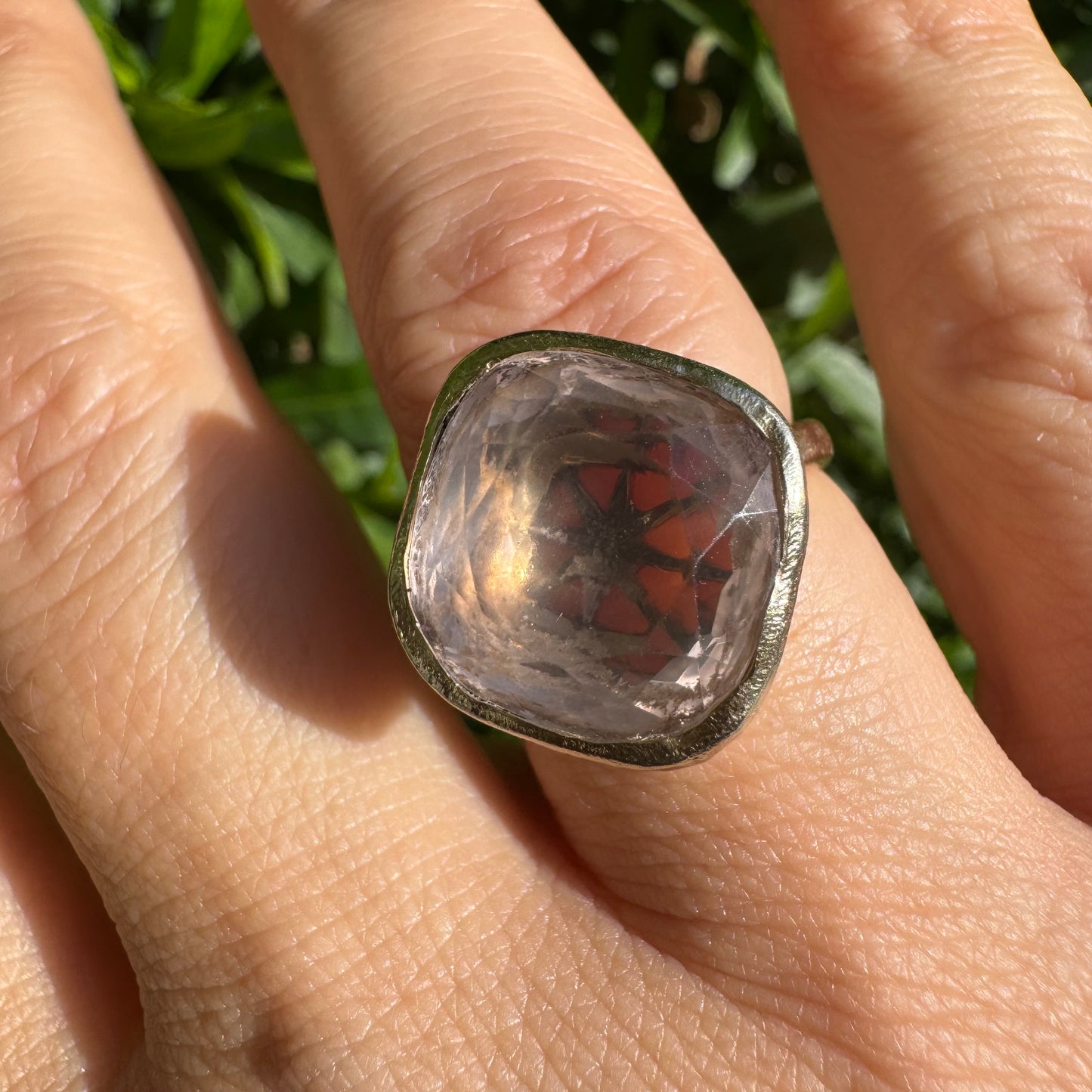 18K gold H.Stern ring set with a translucent Rose Quartz in a flat, cushion-style cut