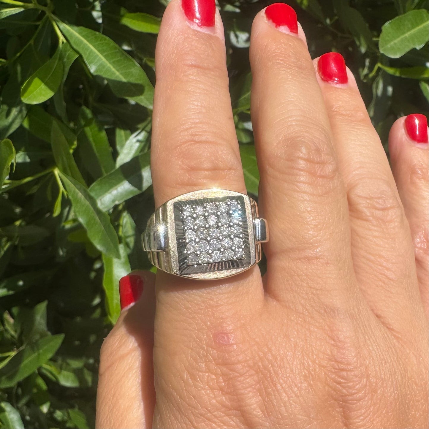 14K gold ring set with brilliant pavé diamonds in a bold square design