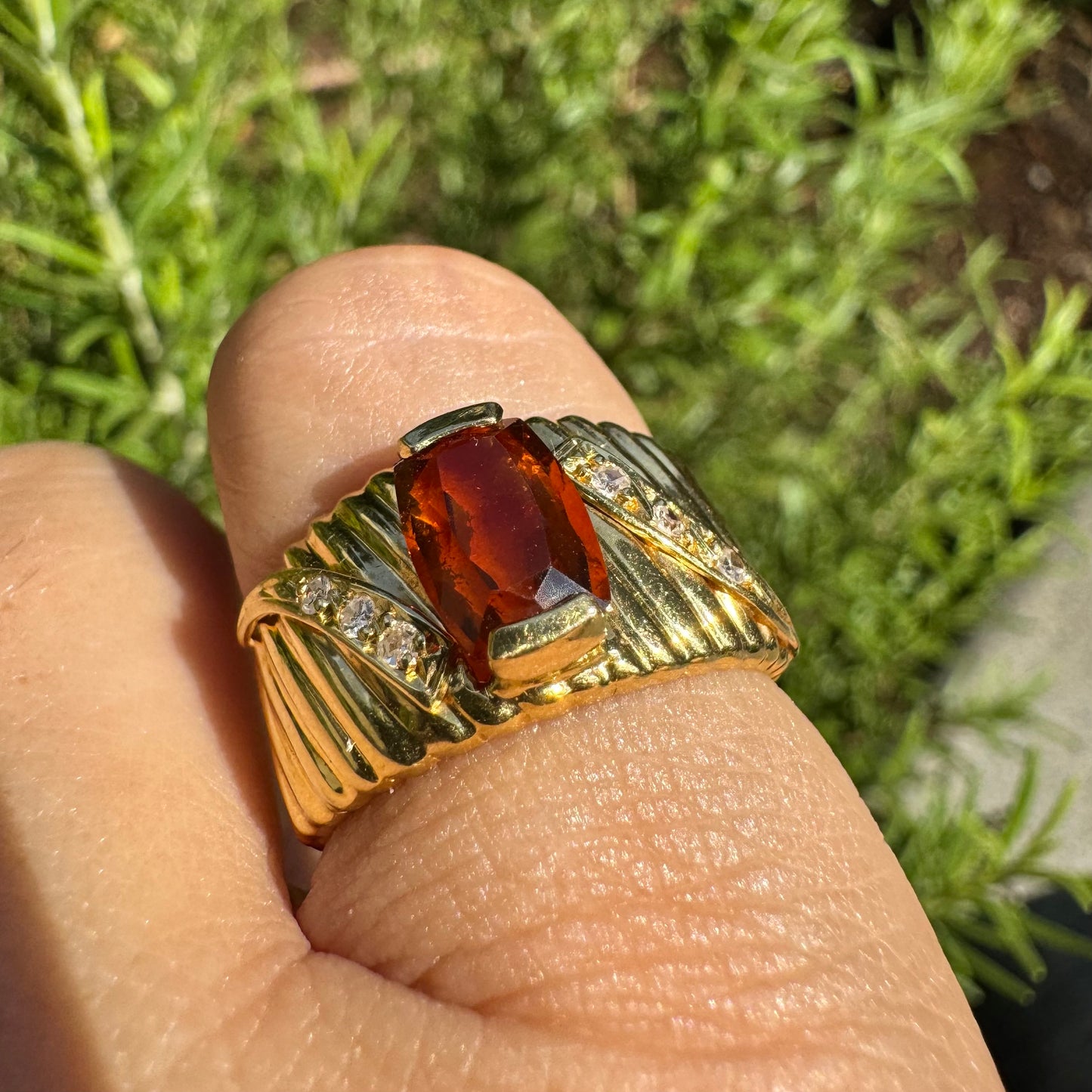 14K gold ring set with Citrine & Diamonds with a textured gold band