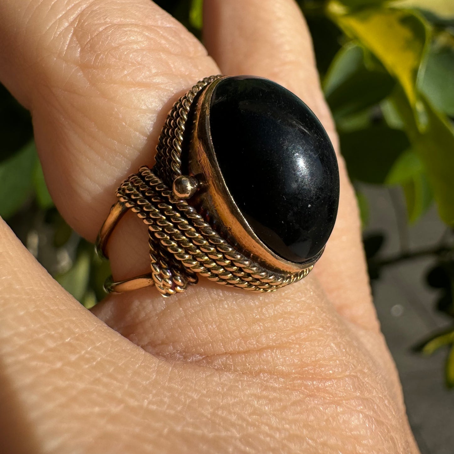 14K gold ring set with Black Jade