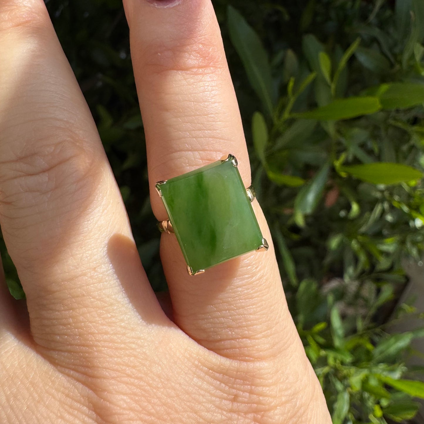 14K gold ring set with square green Jade