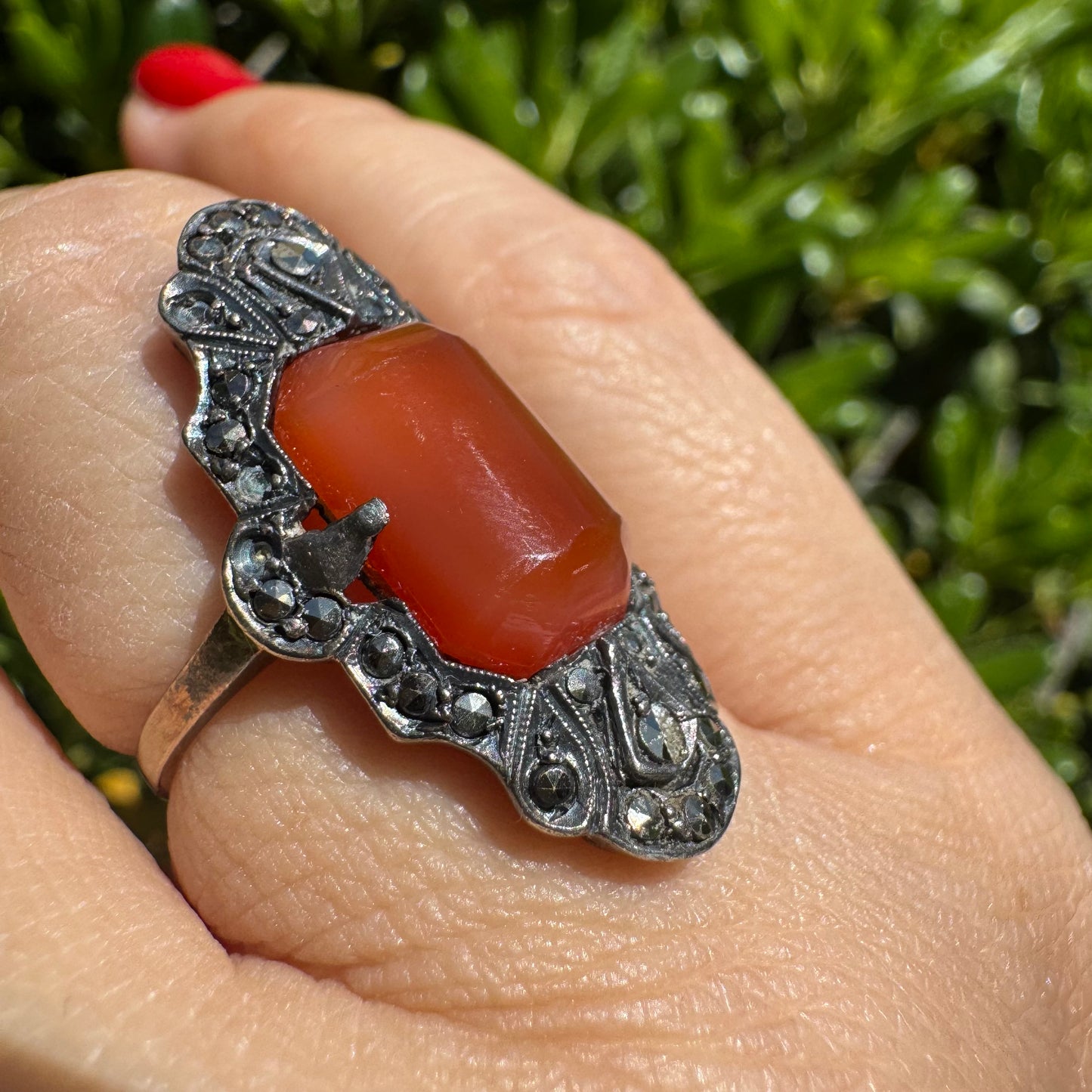 10K gold & Silver ring set with rich orange-red Carnelian & Diamonds