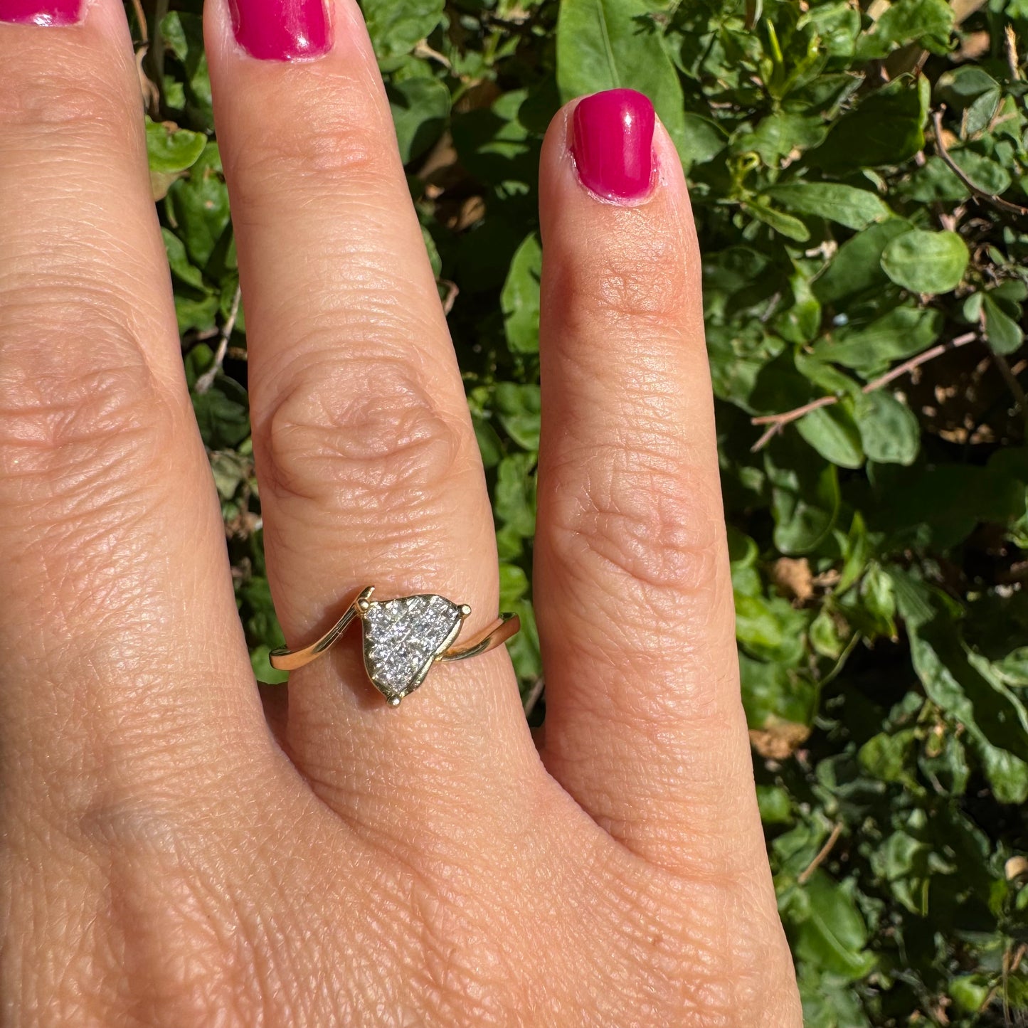 14K gold ring set with a unique triangular centerpiece, pavé-set with sparkling Diamonds