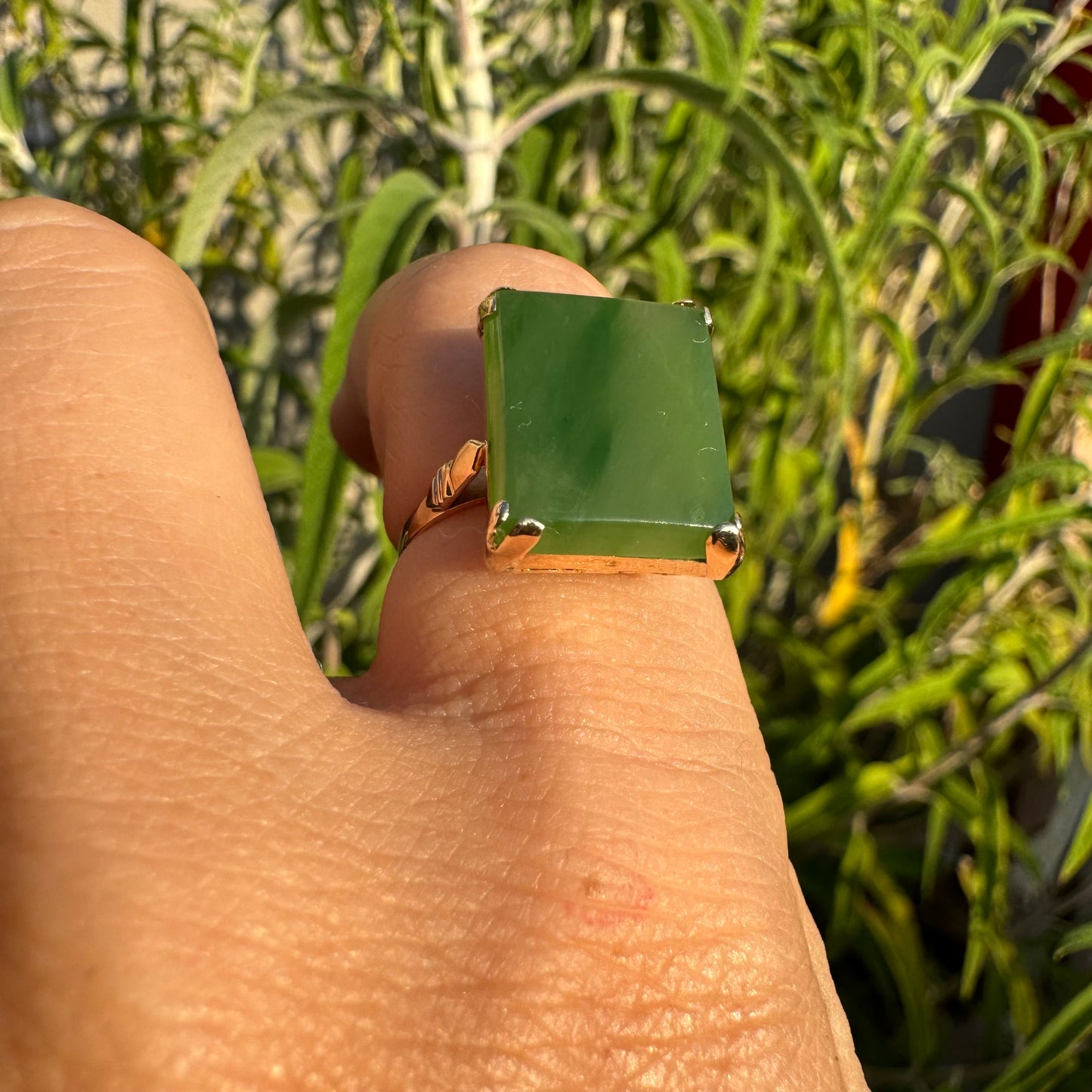 14K gold ring set with square green Jade