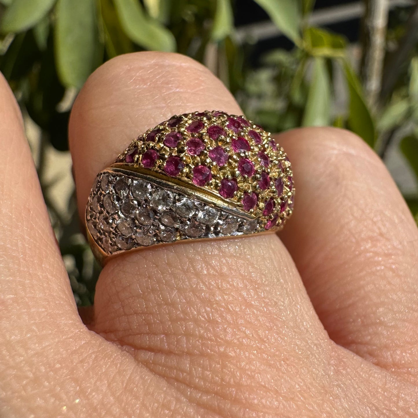 14K gold dome ring pavé-set with Diamonds and vivid Rubies in a striking two-tone design