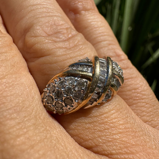 14K gold ring set with crisscrossed rows of baguette and round-cut Diamonds