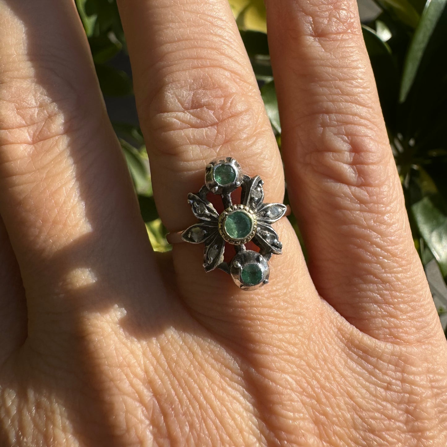 14K gold ring set with Emerald & Diamonds