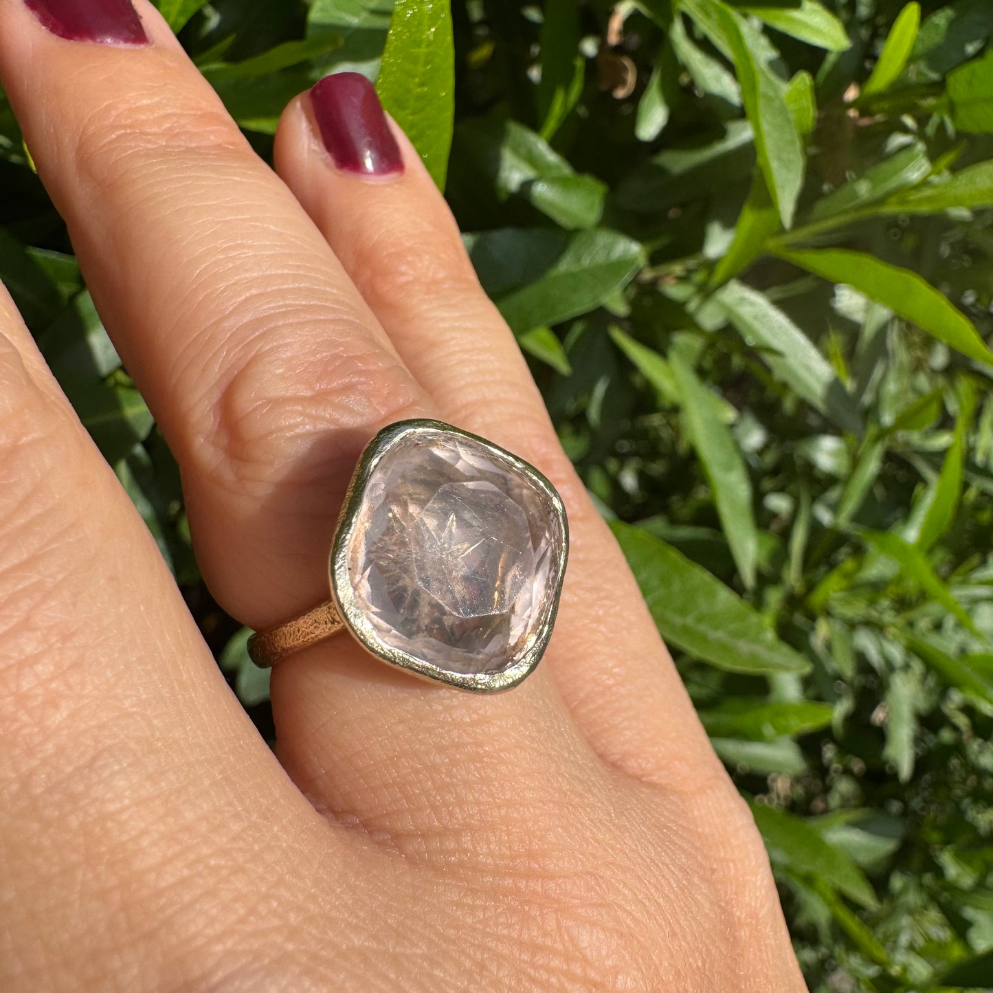 18K gold H.Stern ring set with a translucent Rose Quartz in a flat, cushion-style cut