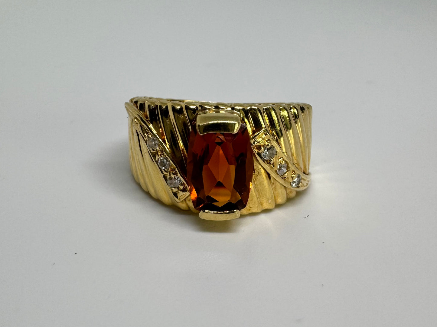 14K gold ring set with Citrine & Diamonds with a textured gold band