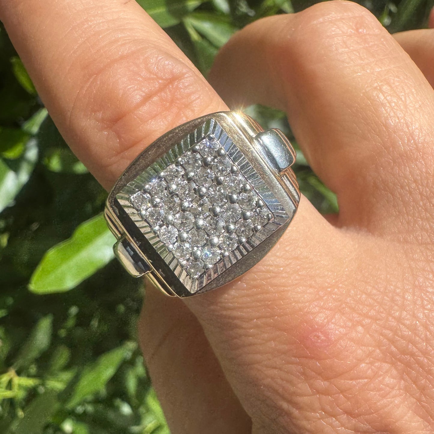 14K gold ring set with brilliant pavé diamonds in a bold square design