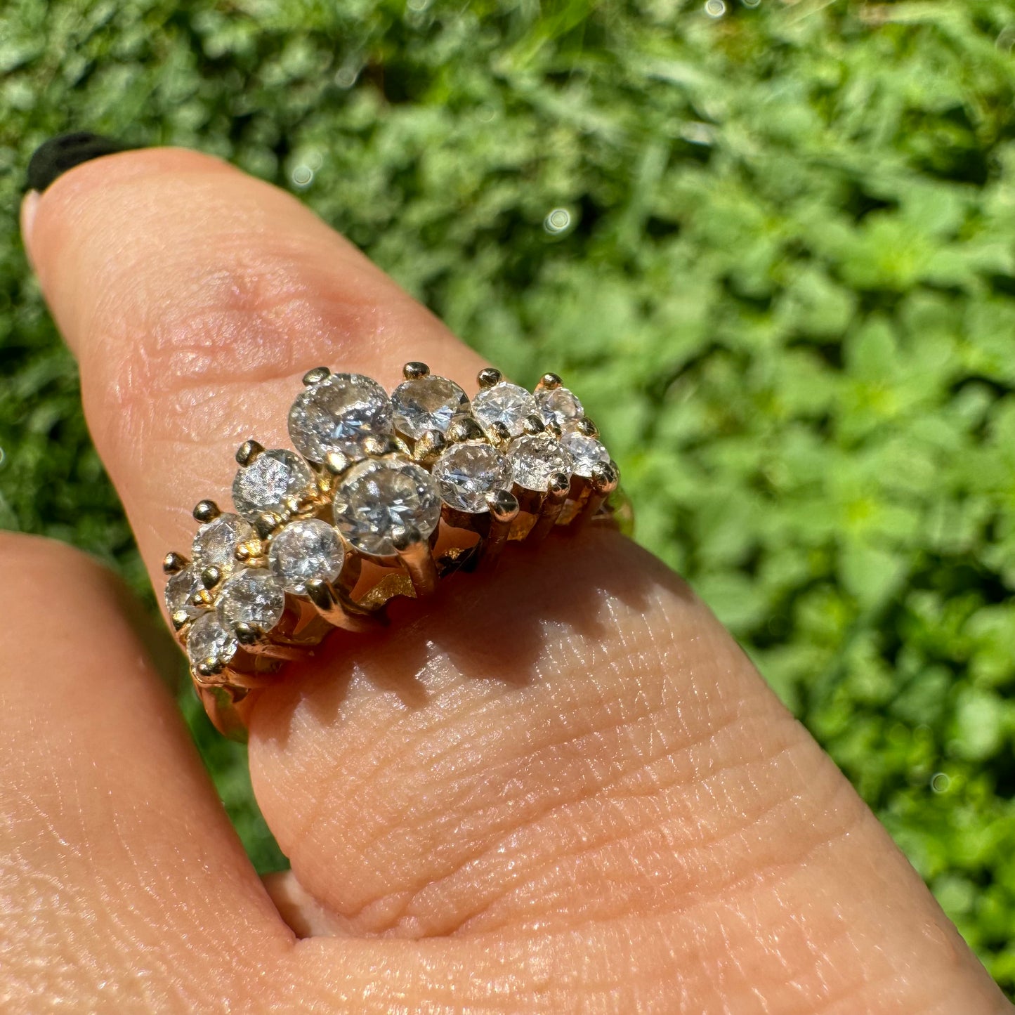 14K gold ring set with two dazzling rows of round-cut Diamonds