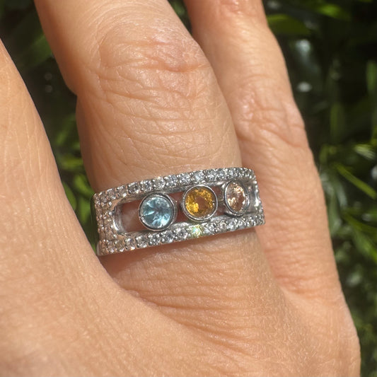 14K gold ring set with Aquamarine, Citrine and Rose Quartz, framed by a pave’ of sparkling diamonds