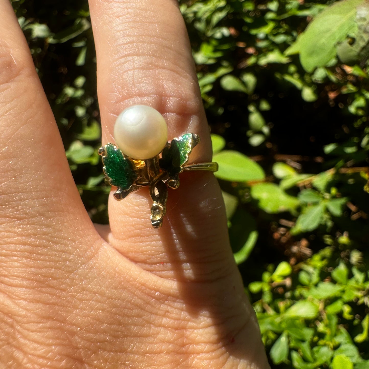 14K gold ring set with Pearl & Green Enamel