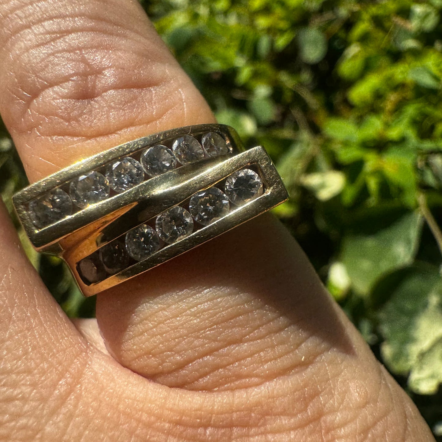 14K gold ring set with two parallel Diamond-set rows