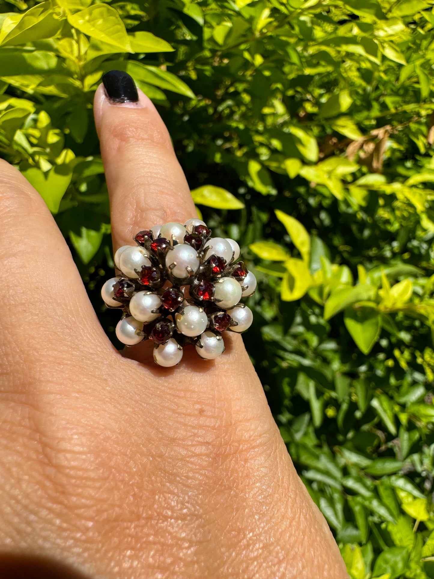 14K gold ring set with Pearls and fiery red Garnets