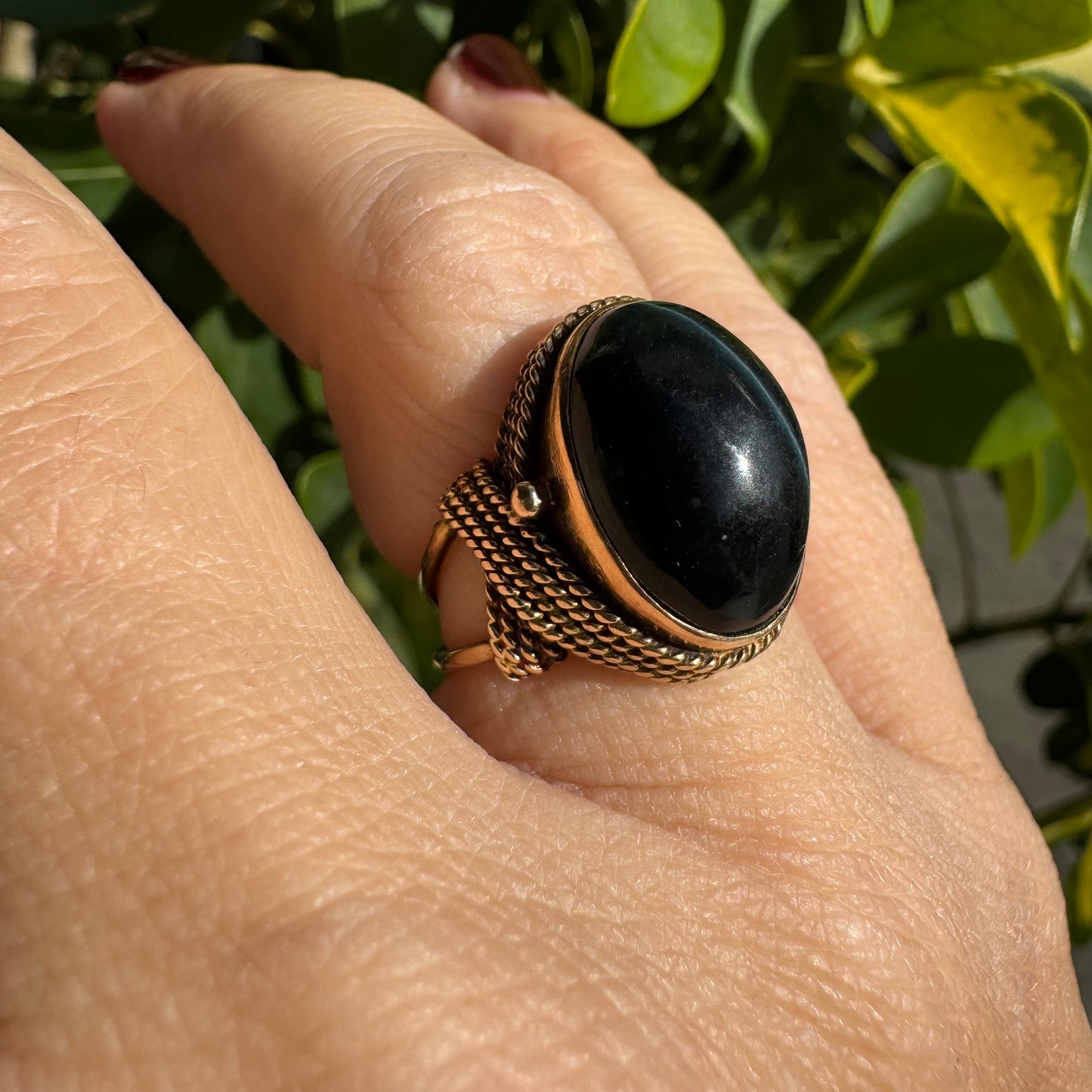 14K gold ring set with Black Jade