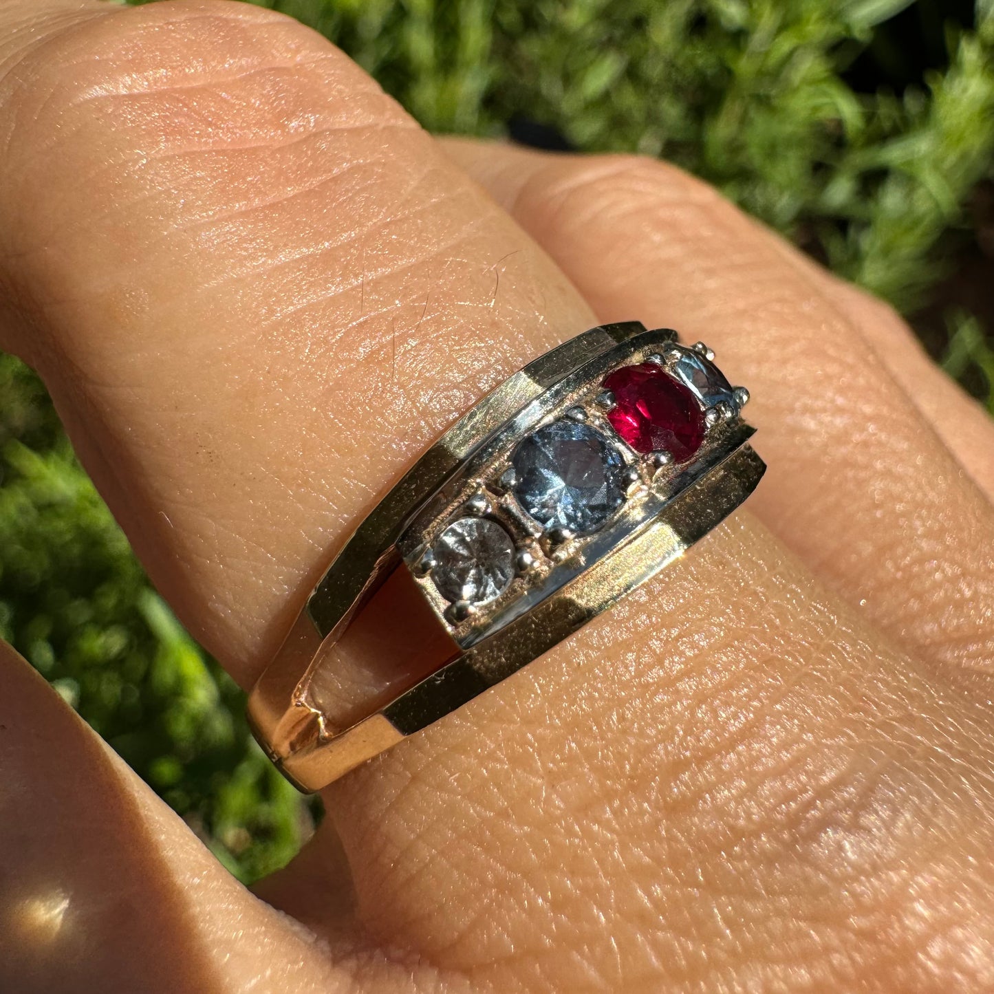 10K gold ring set with three stones-Ruby, Blue Topaz & Sapphire