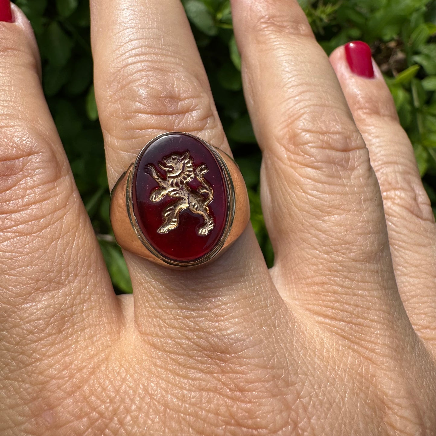 14K gold signet ring set with a smooth deep red stone set with a golden lion motif