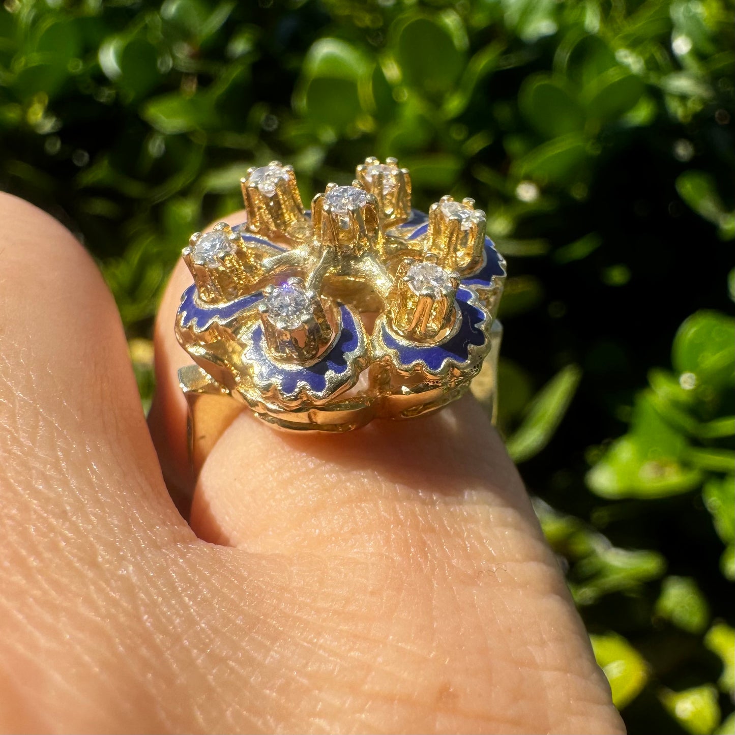 14K gold ring set with Diamonds & Blue Enamel