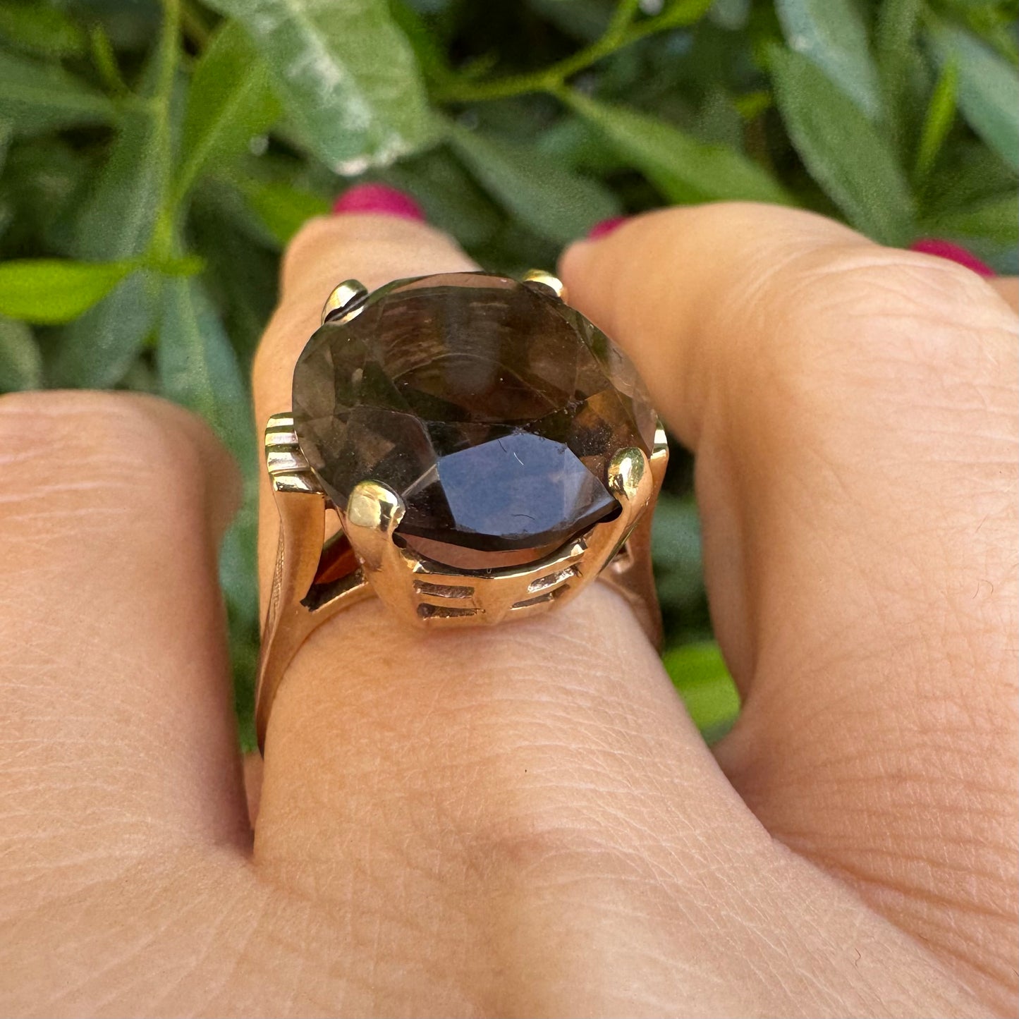 14K gold ring set with a striking Smoky Quartz in a deep, mysterious brown hue