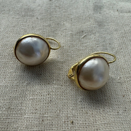 14K gold drop earrings set with flat coin pearls