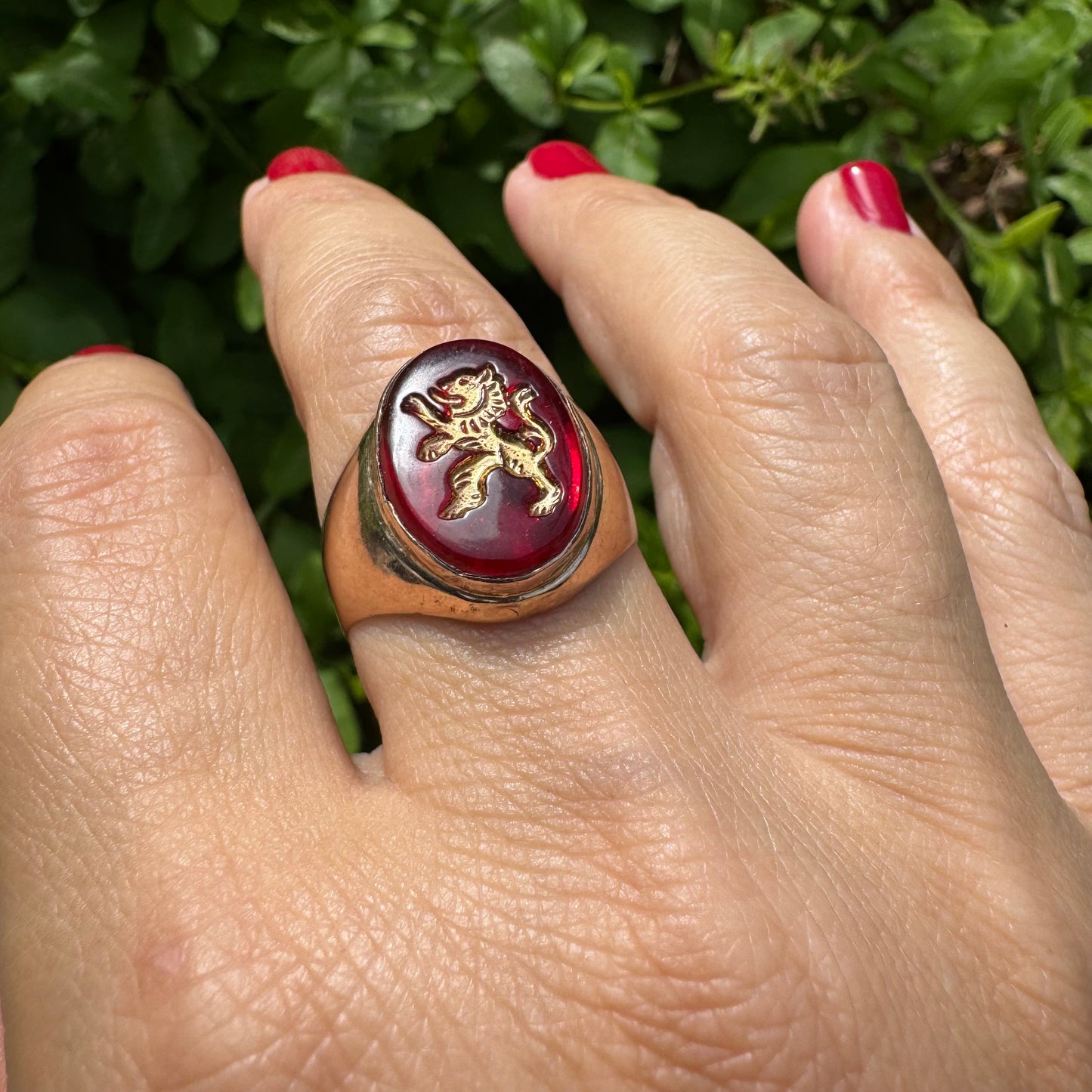 14K gold signet ring set with a smooth deep red stone set with a golden lion motif