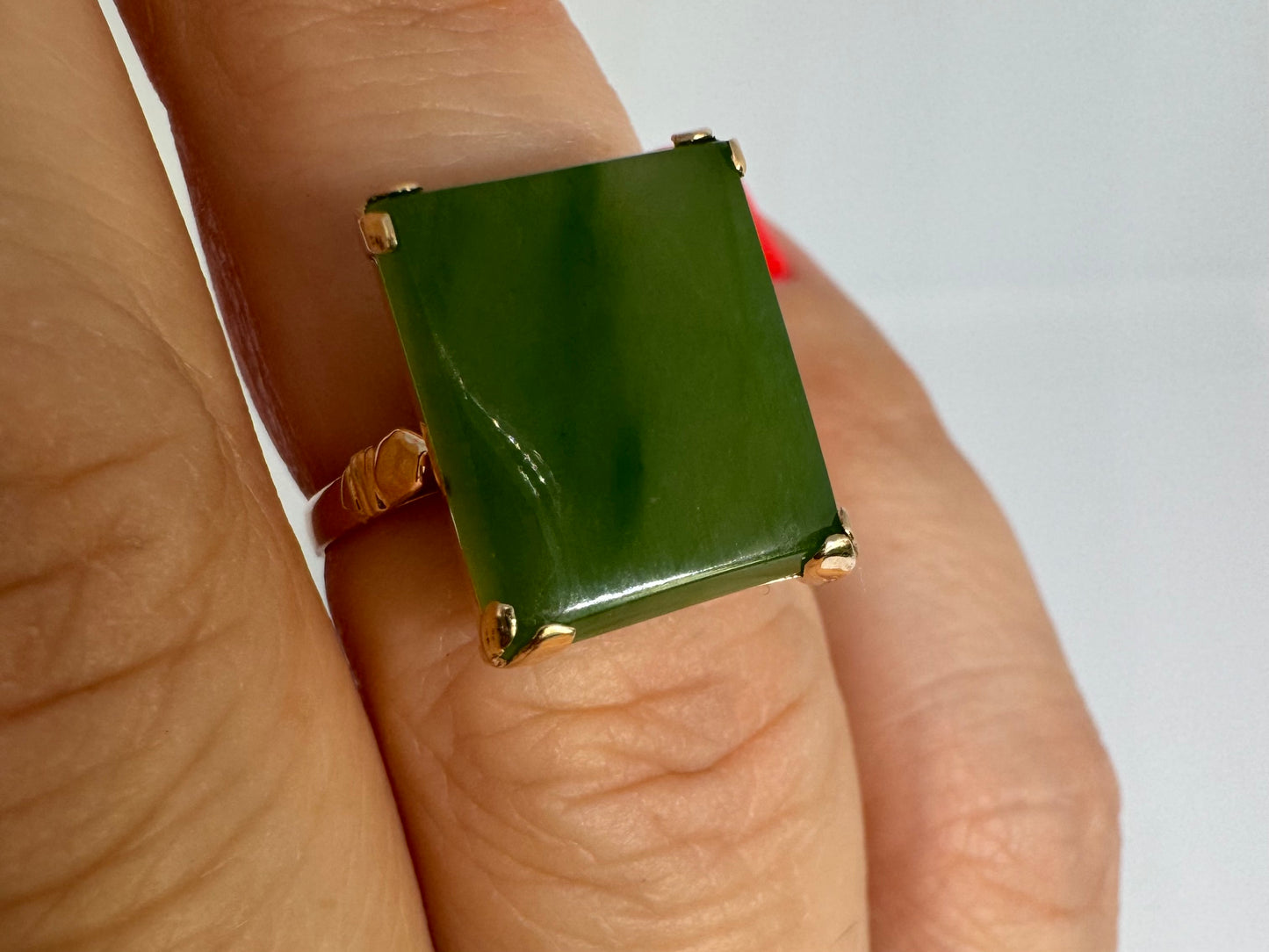 14K gold ring set with square green Jade