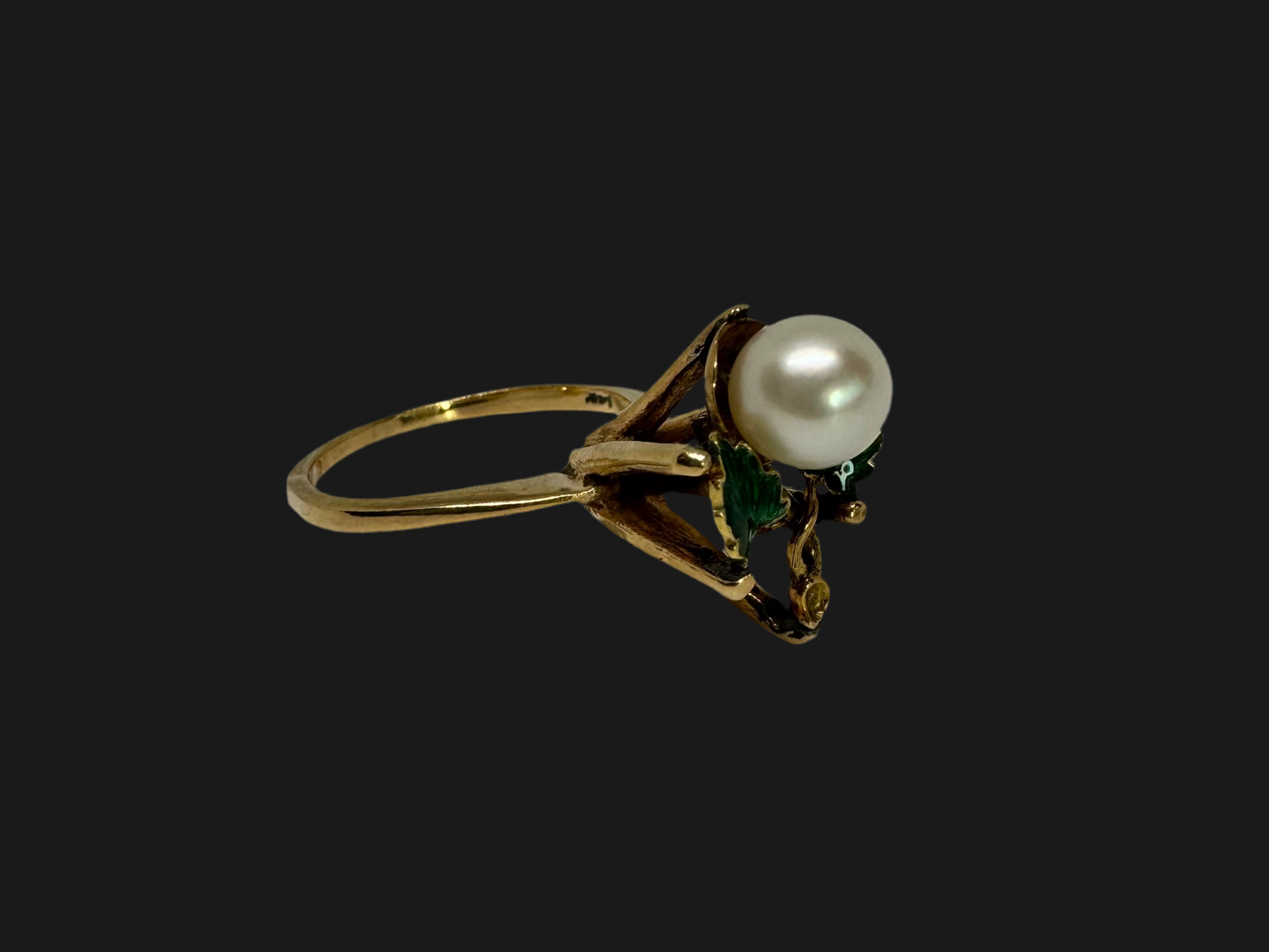 14K gold ring set with Pearl & Green Enamel