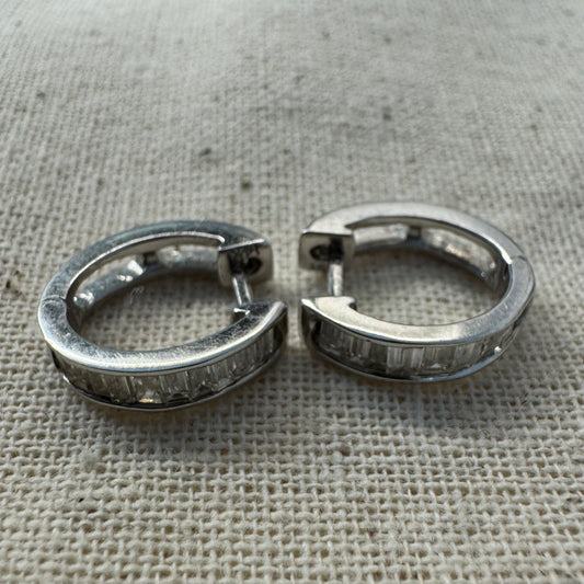 14K gold hoop earring set with a line of baguette-cut Diamonds