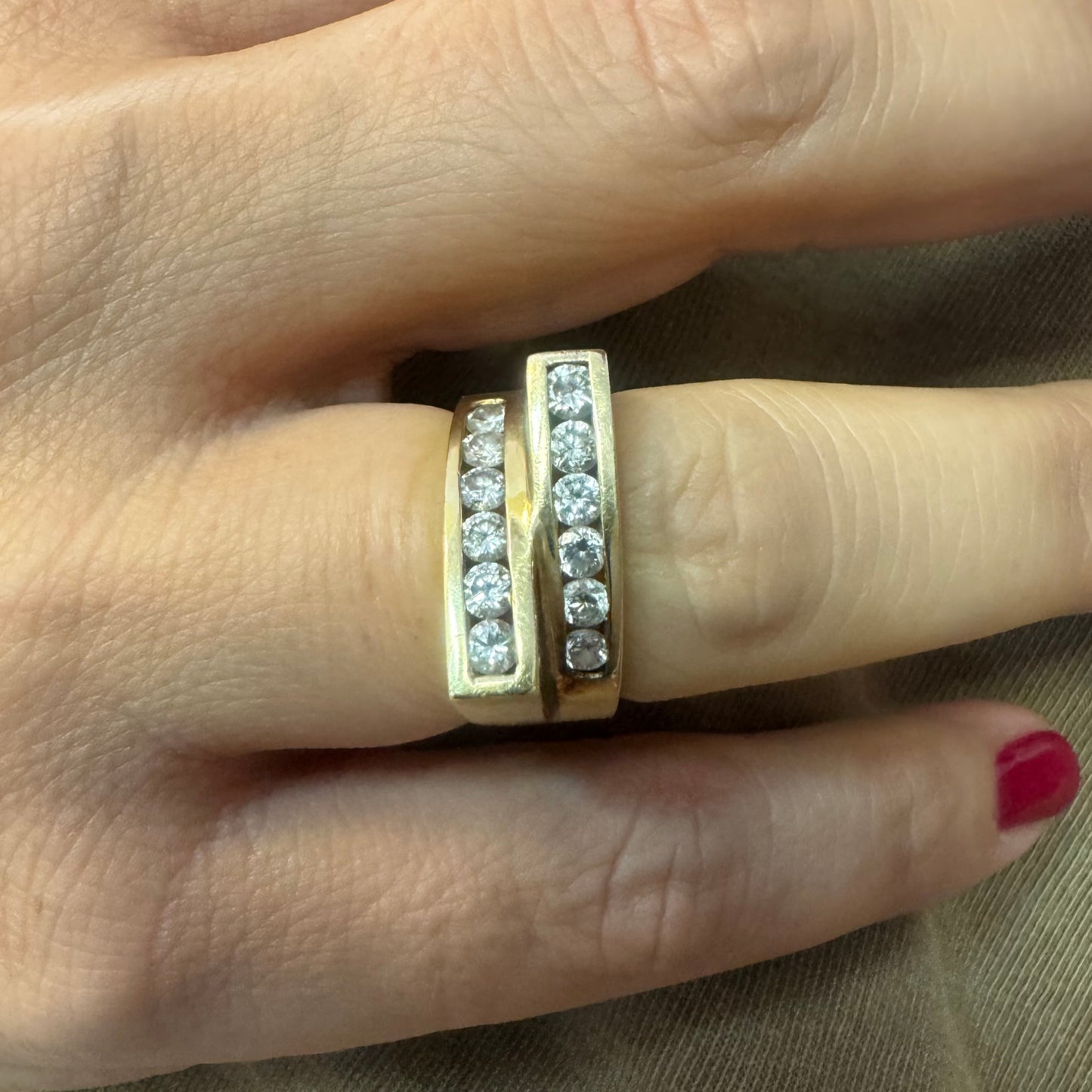 14K gold ring set with two parallel Diamond-set rows