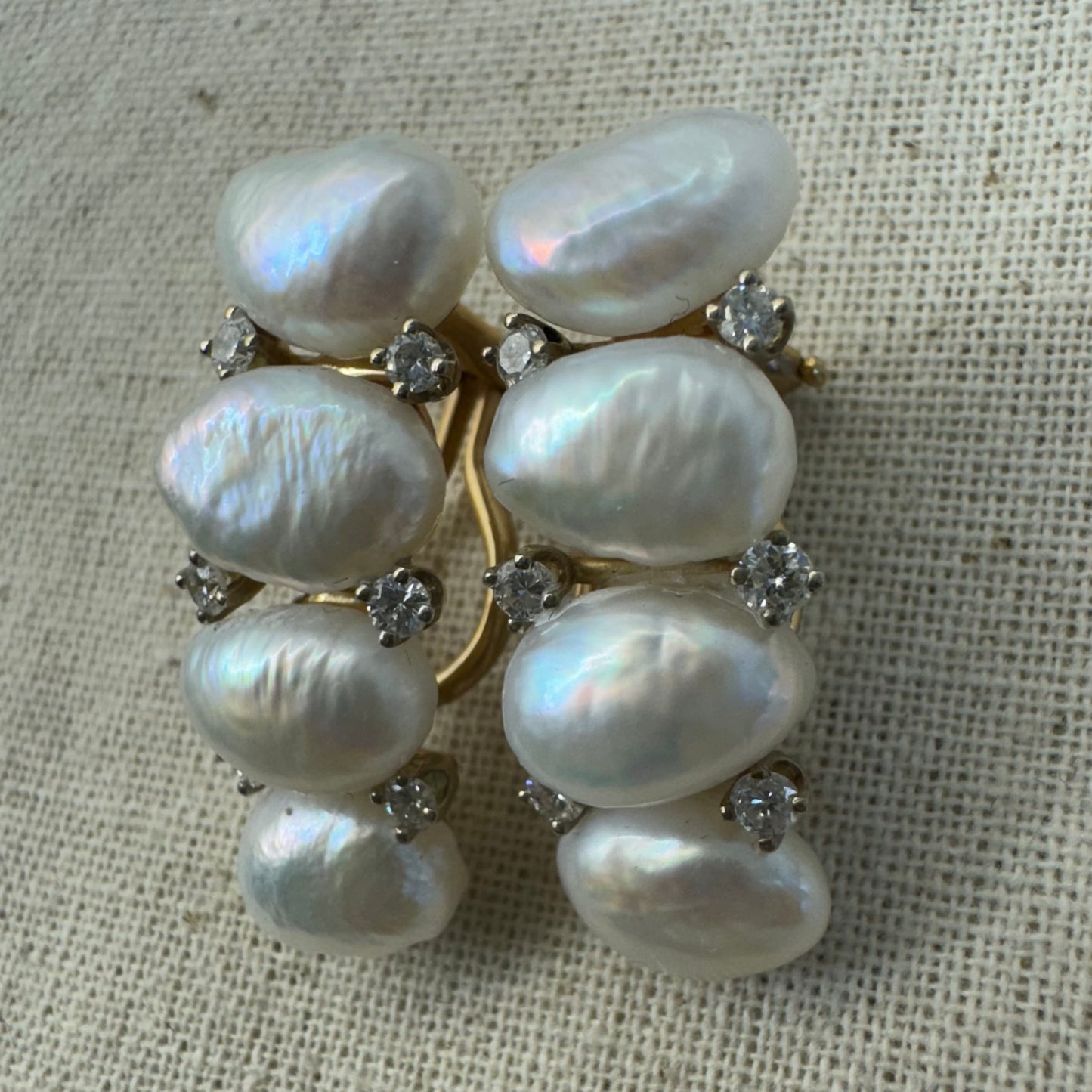 14K gold clip earrings set with Pearls & Diamonds