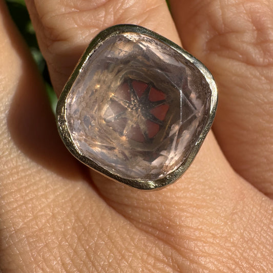 18K gold H.Stern ring set with a translucent Rose Quartz in a flat, cushion-style cut