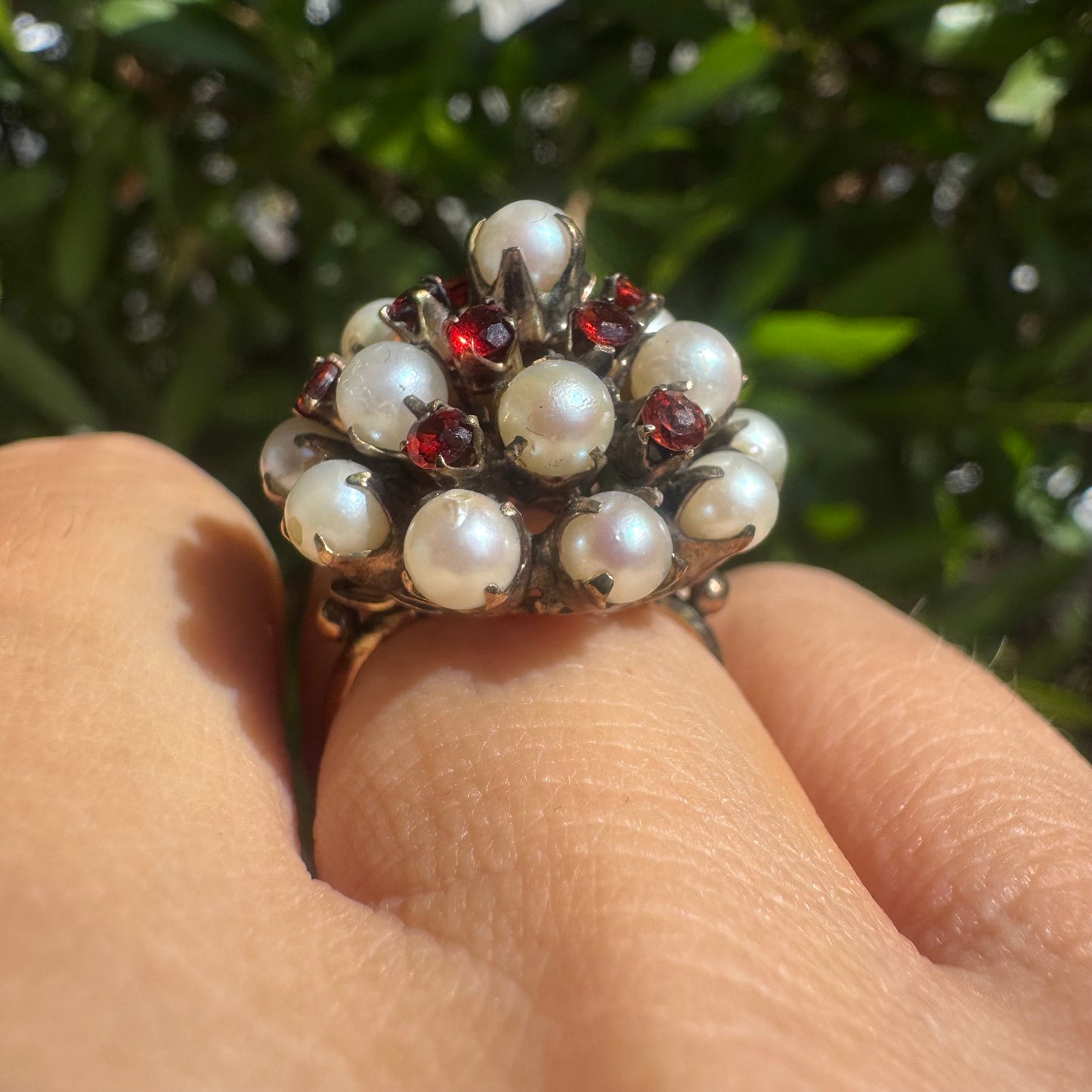 14K gold ring set with Pearls and fiery red Garnets