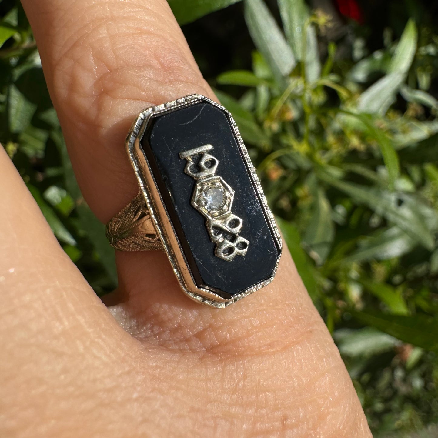 14K gold College “1928” ring set with Onyx & Diamond
