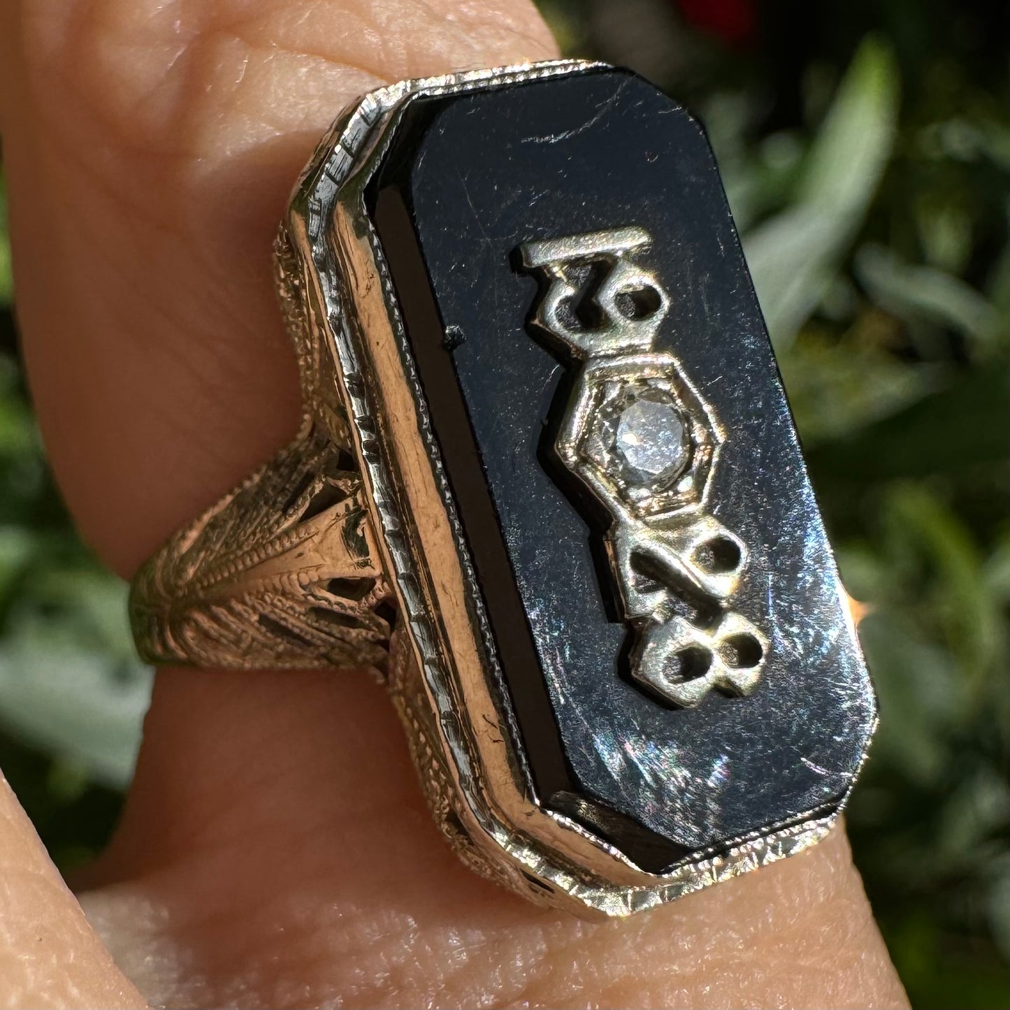 14K gold College “1928” ring set with Onyx & Diamond