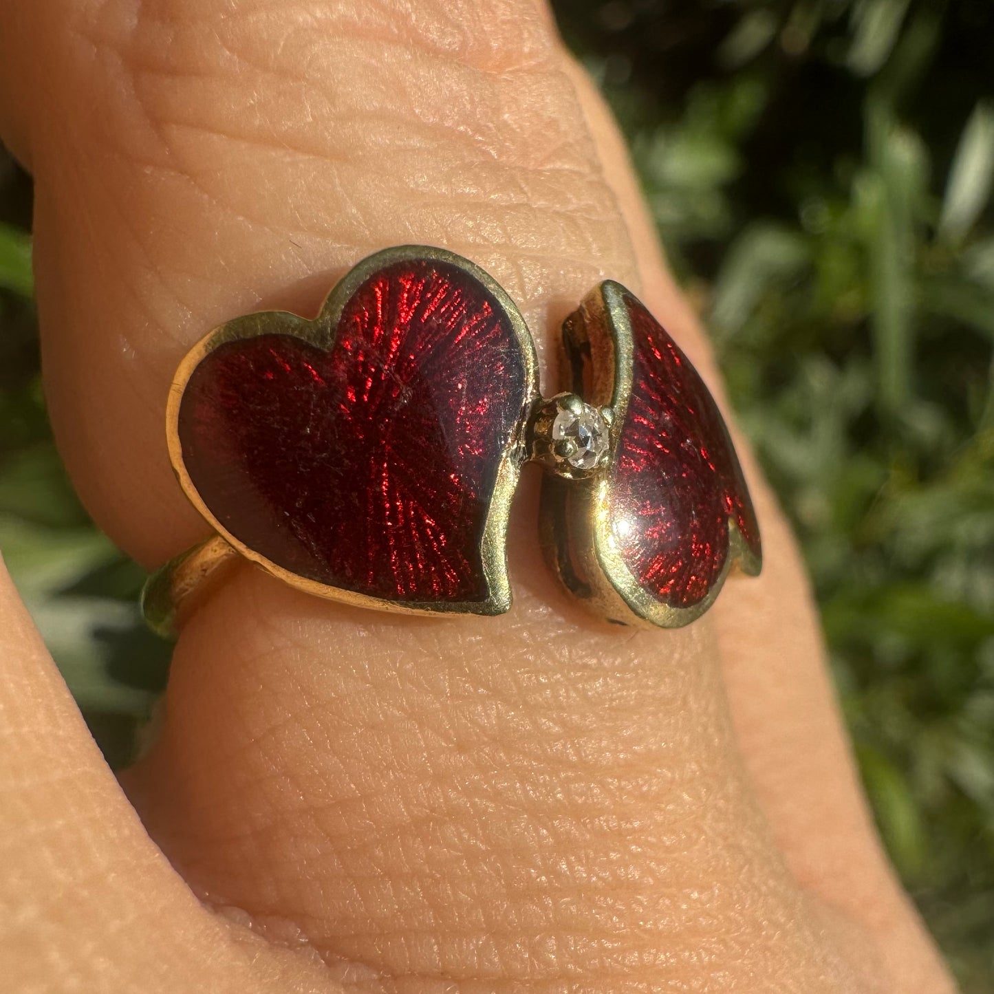 14K gold ring “Two Hearts” set with red enamel & one center Diamond
