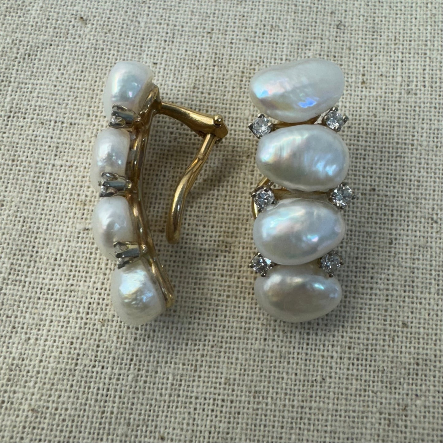 14K gold clip earrings set with Pearls & Diamonds