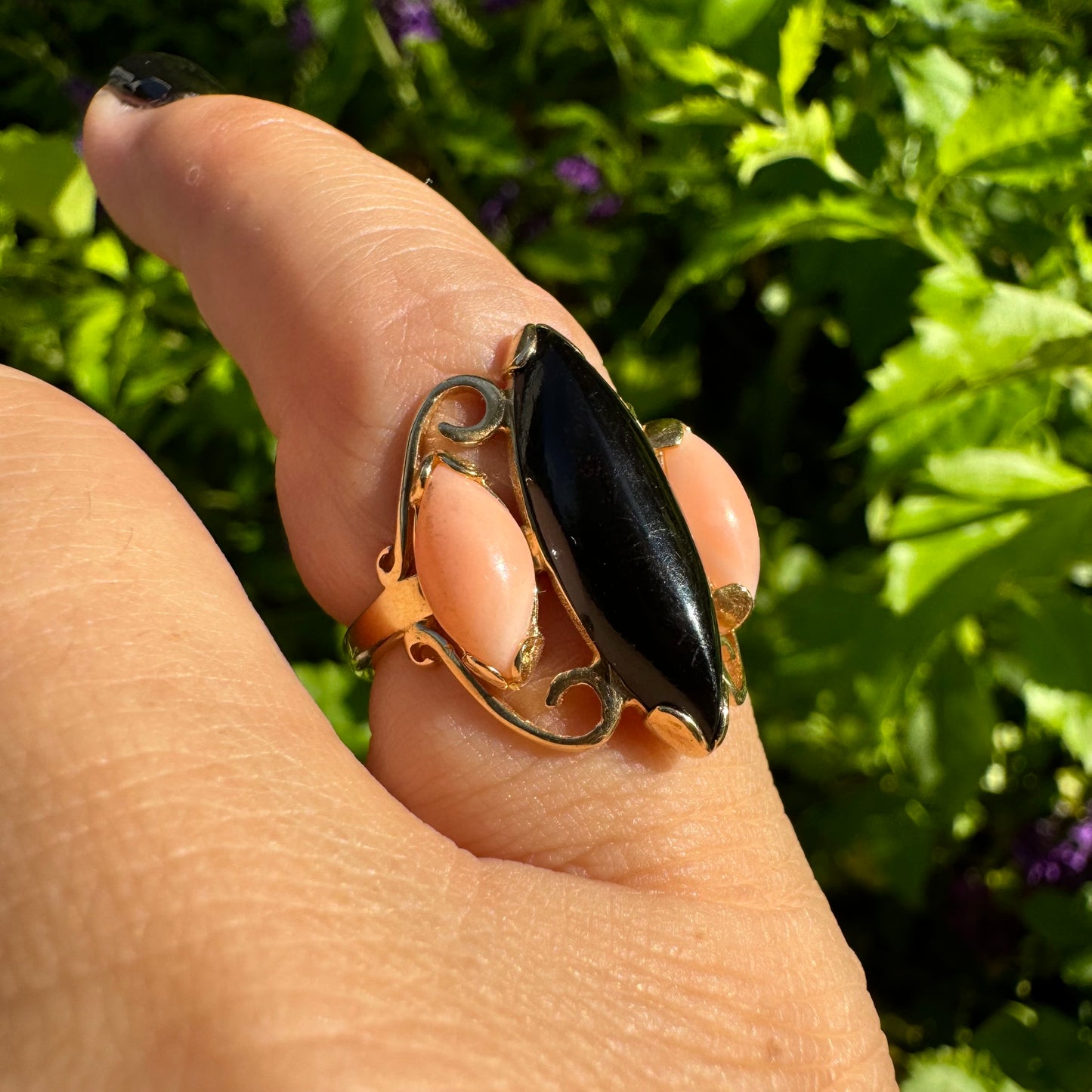 14K gold ring set with Black Onyx & Corals