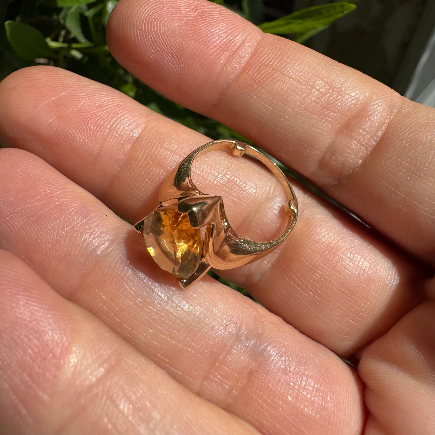 14K gold ring set with a large pear-shaped Citrine