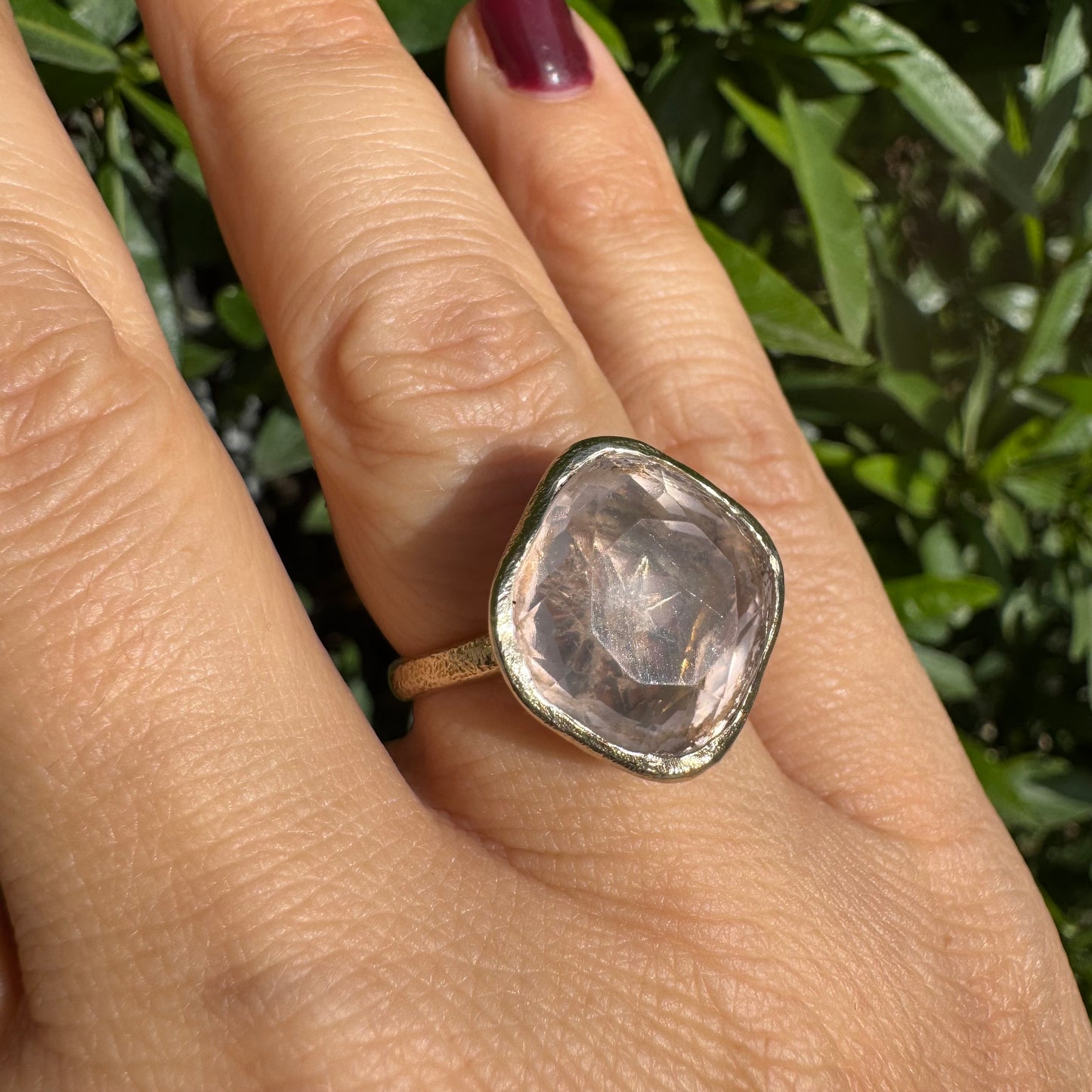 18K gold H.Stern ring set with a translucent Rose Quartz in a flat, cushion-style cut