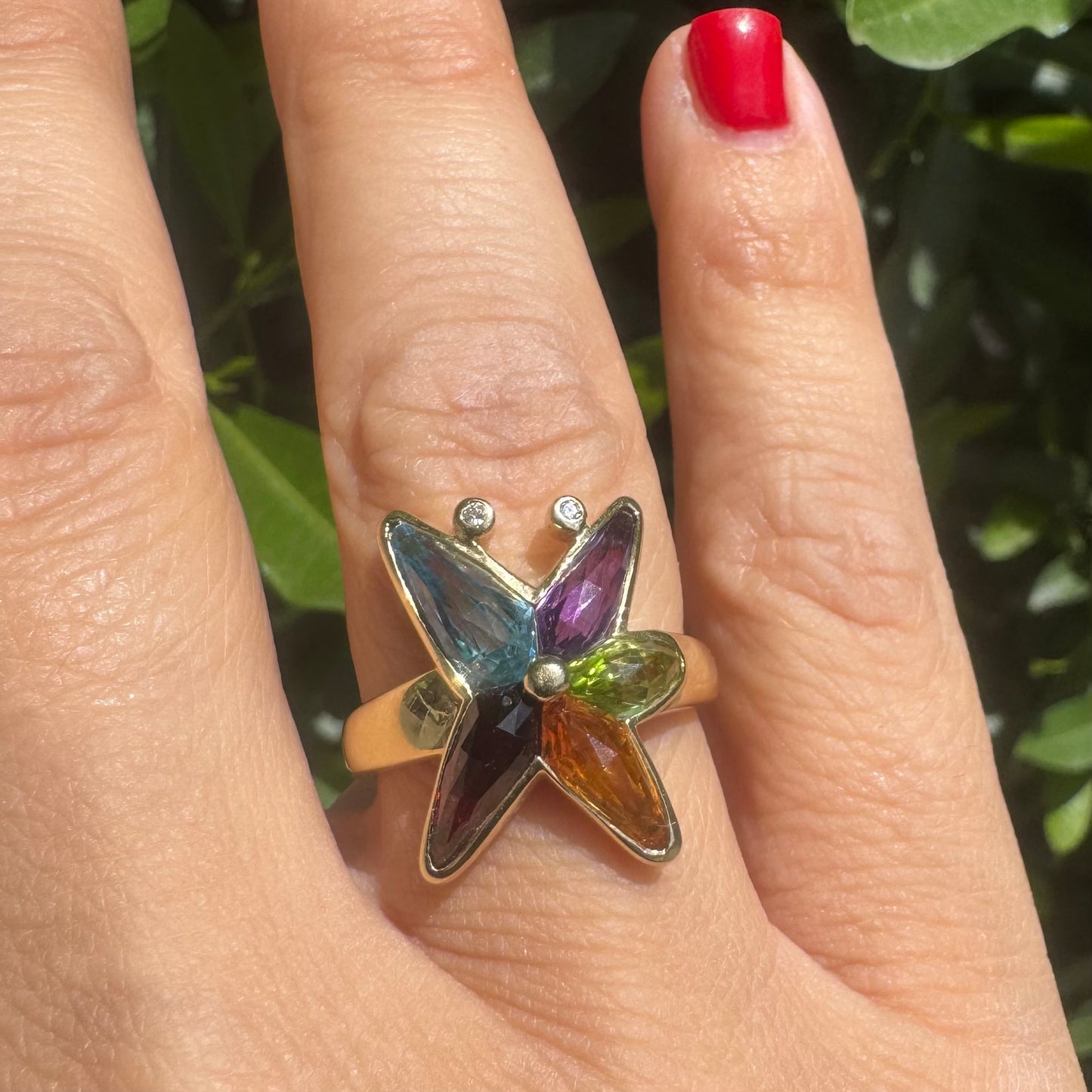 14K gold ring set with colorful gemstones in a butterfly design & Diamonds