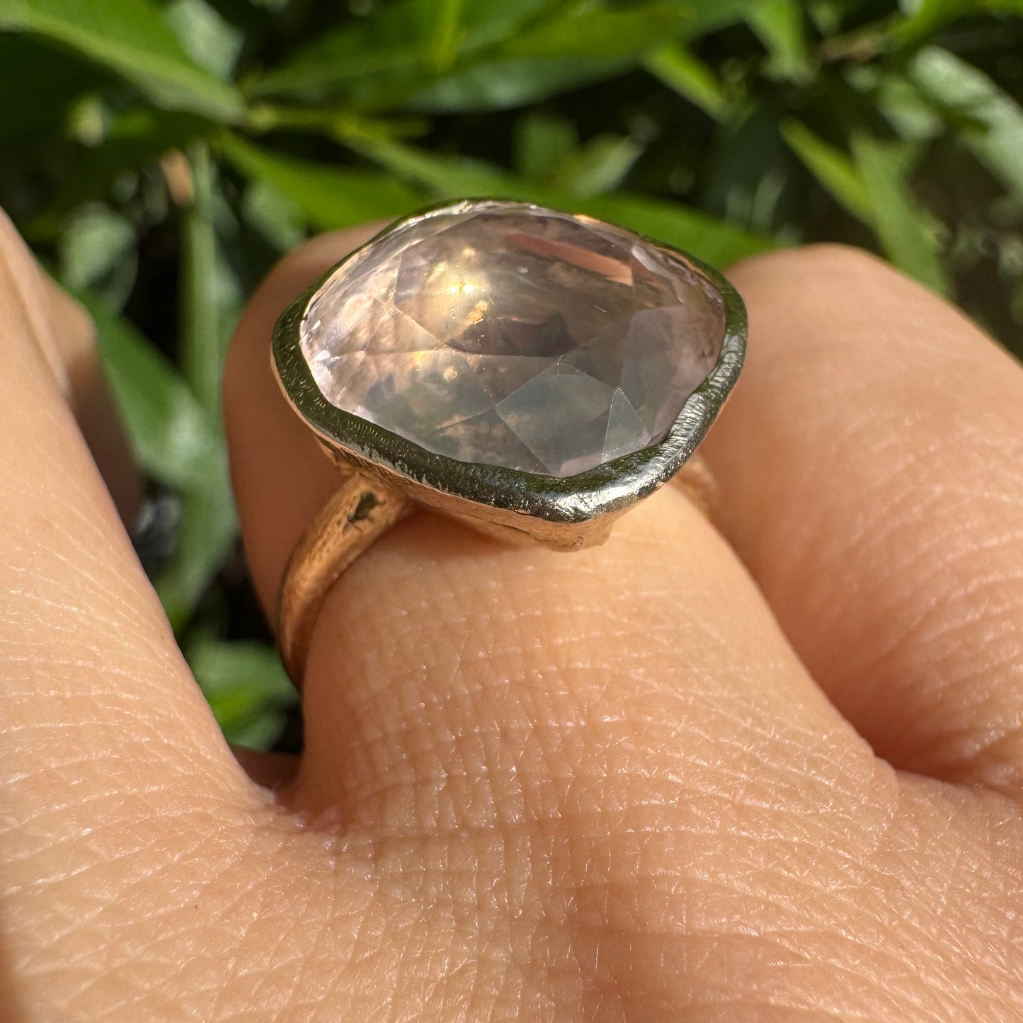 18K gold H.Stern ring set with a translucent Rose Quartz in a flat, cushion-style cut