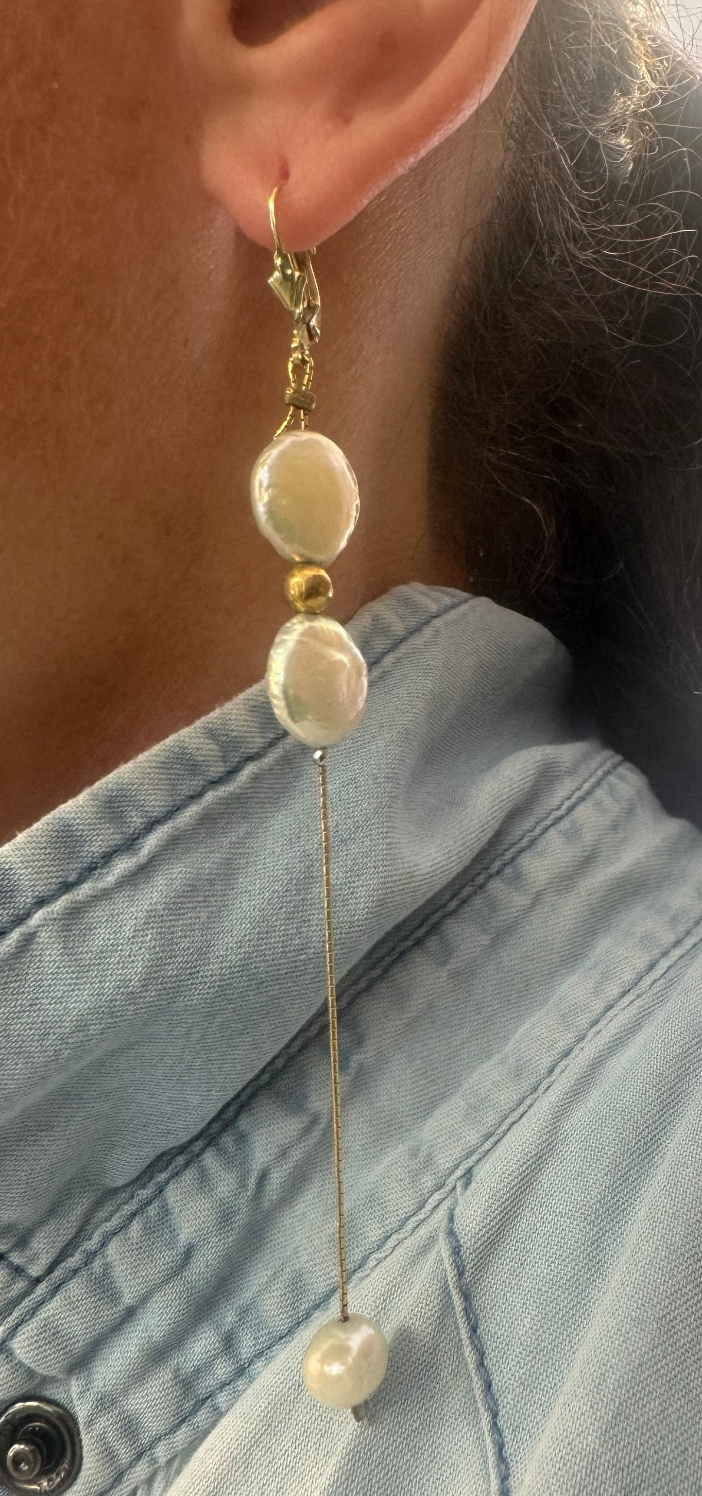 14K gold long drop earrings set lustrous coin pearls and baroque pearl drops