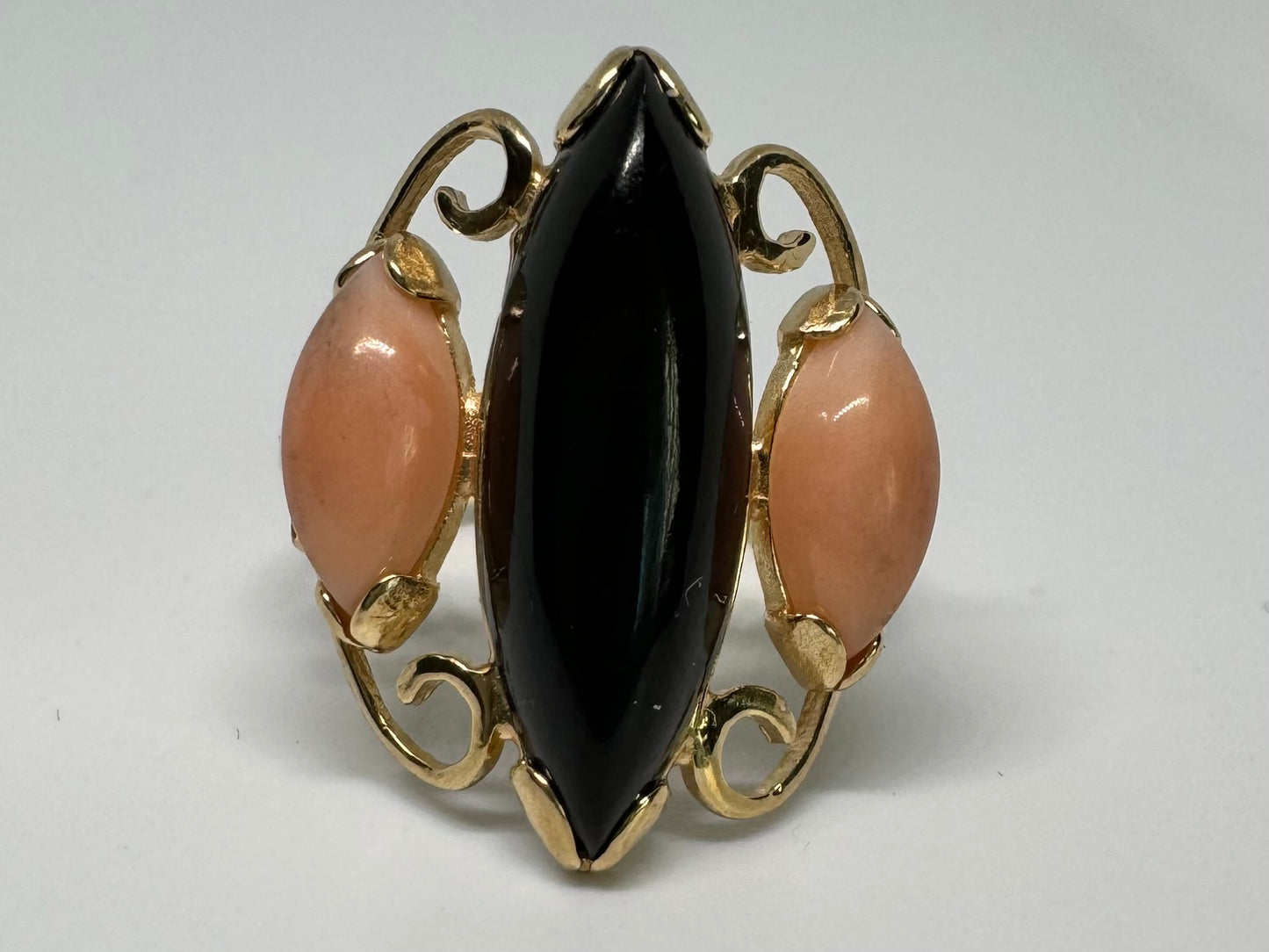 14K gold ring set with Black Onyx & Corals