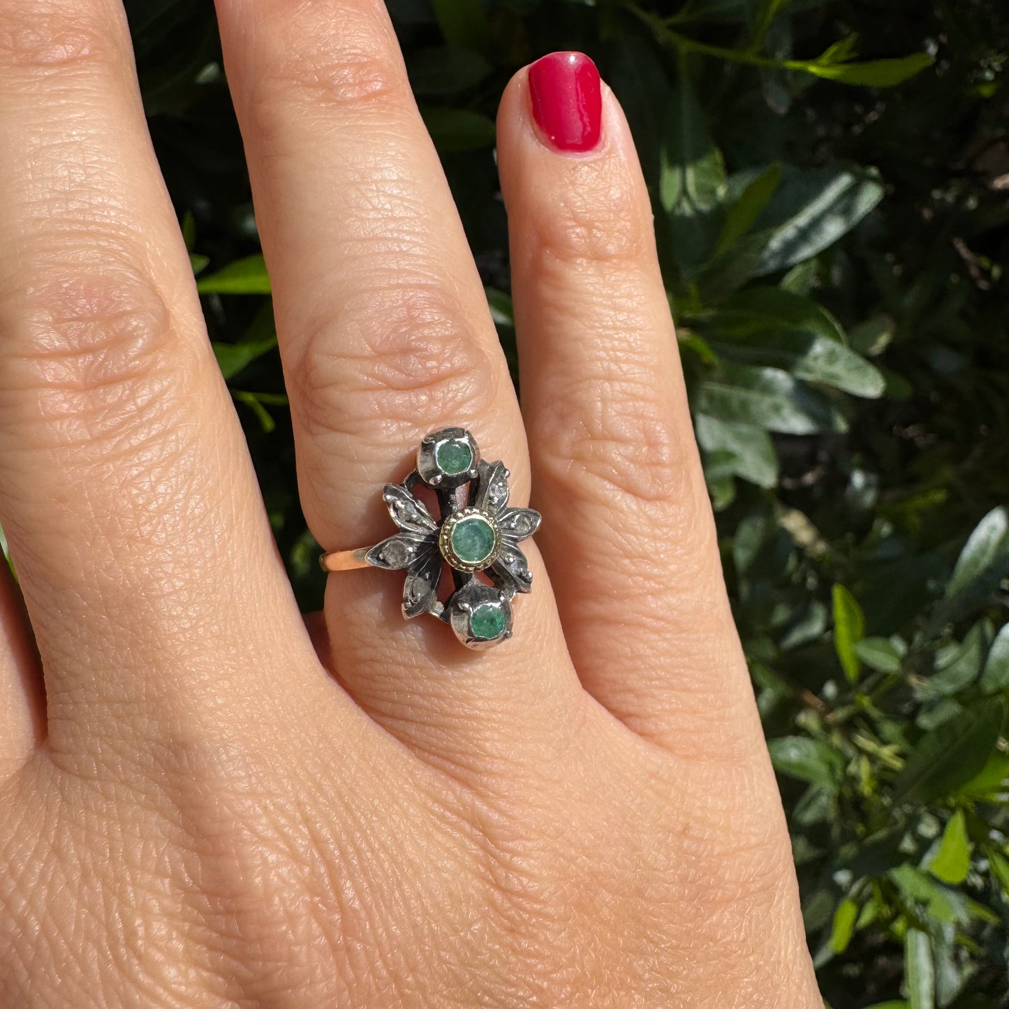 14K gold ring set with Emerald & Diamonds