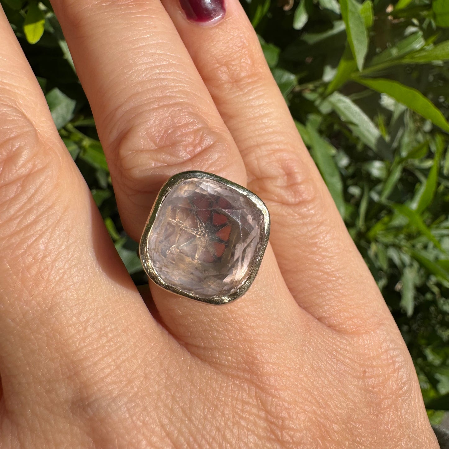 18K gold H.Stern ring set with a translucent Rose Quartz in a flat, cushion-style cut