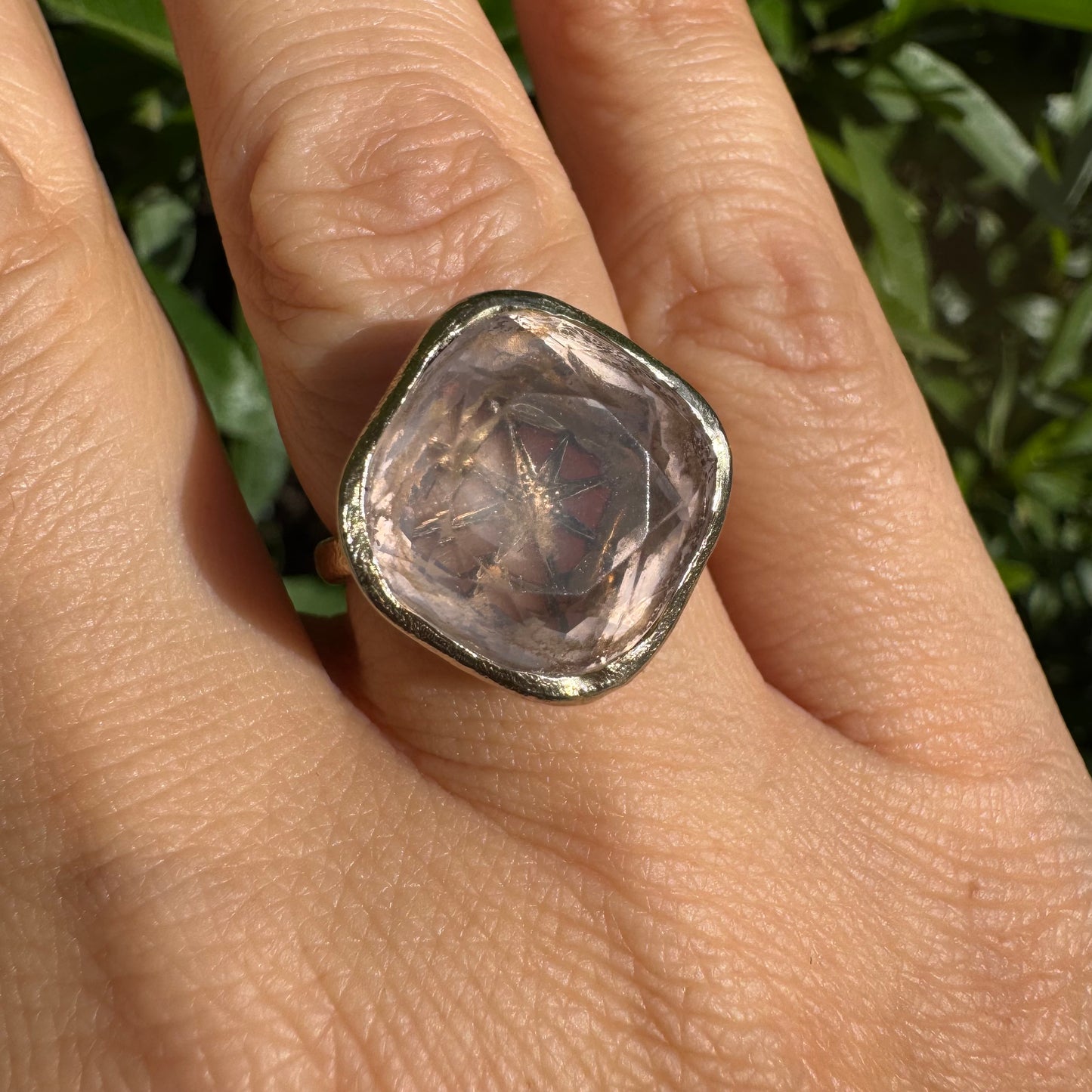 18K gold H.Stern ring set with a translucent Rose Quartz in a flat, cushion-style cut