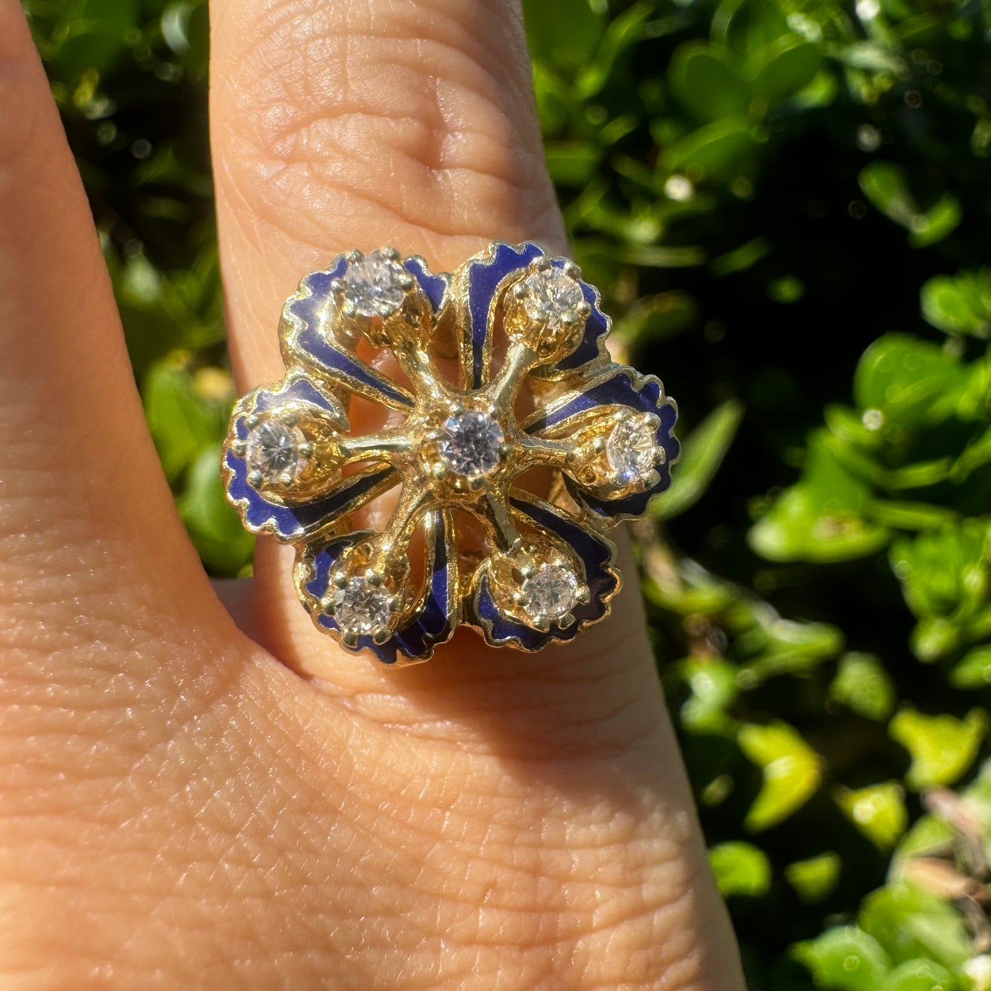 14K gold ring set with Diamonds & Blue Enamel