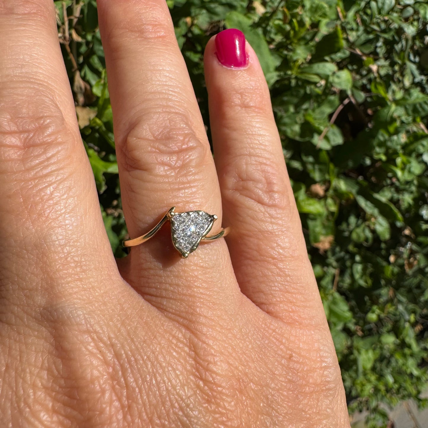 14K gold ring set with a unique triangular centerpiece, pavé-set with sparkling Diamonds